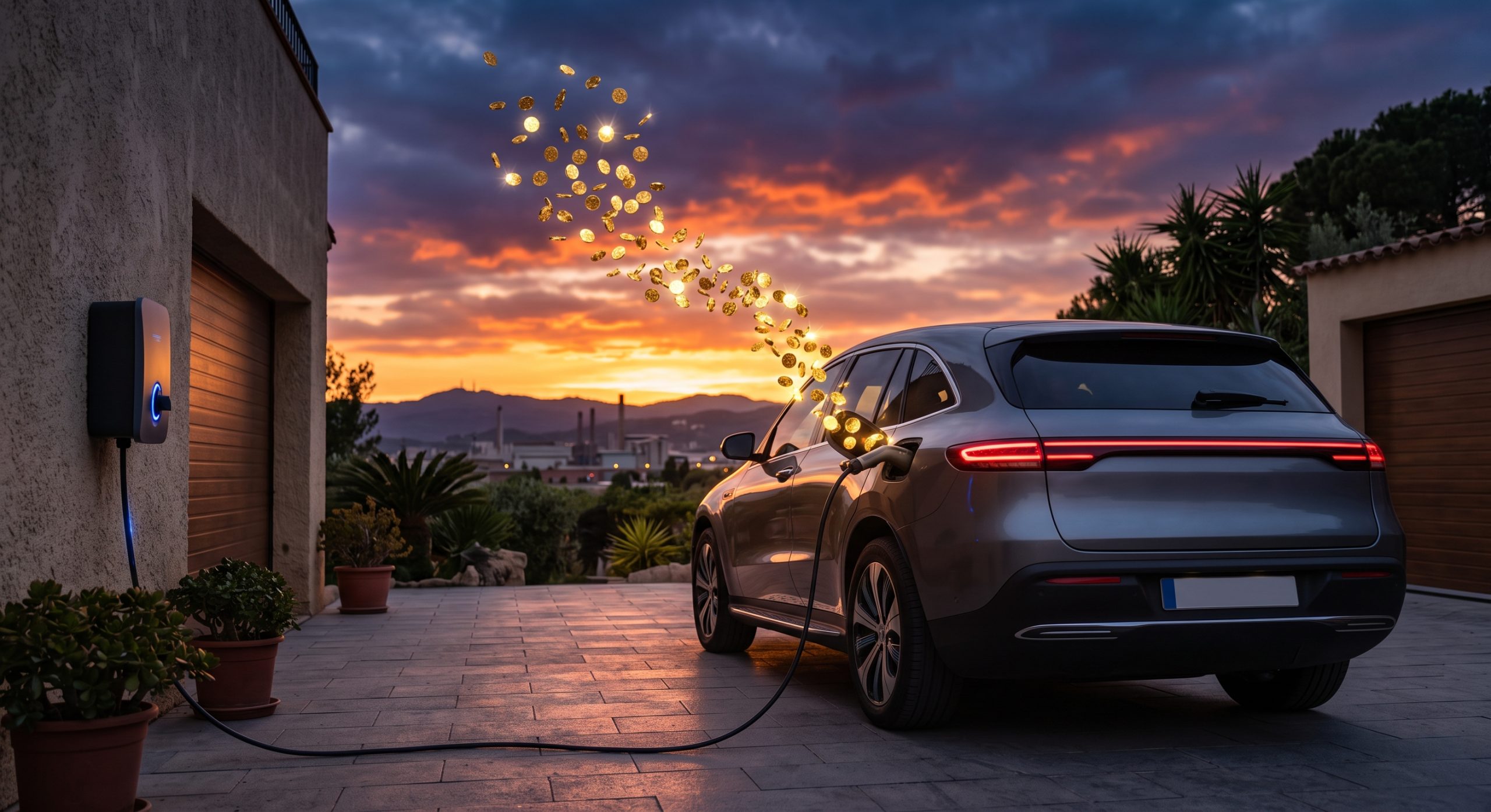 Coche eléctrico cargando con energía solar propia