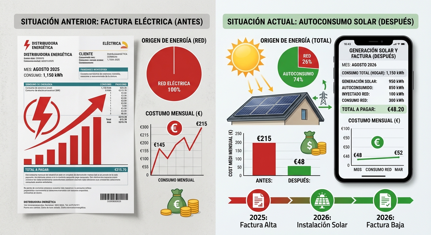 Dos facturas eléctricas o gráfico comparativo de consumo antes/después de instalar placas solares