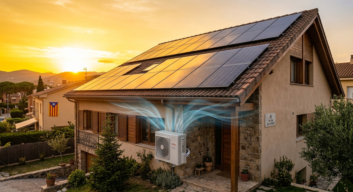 Aire acondicionado funcionando con energía solar en una vivienda