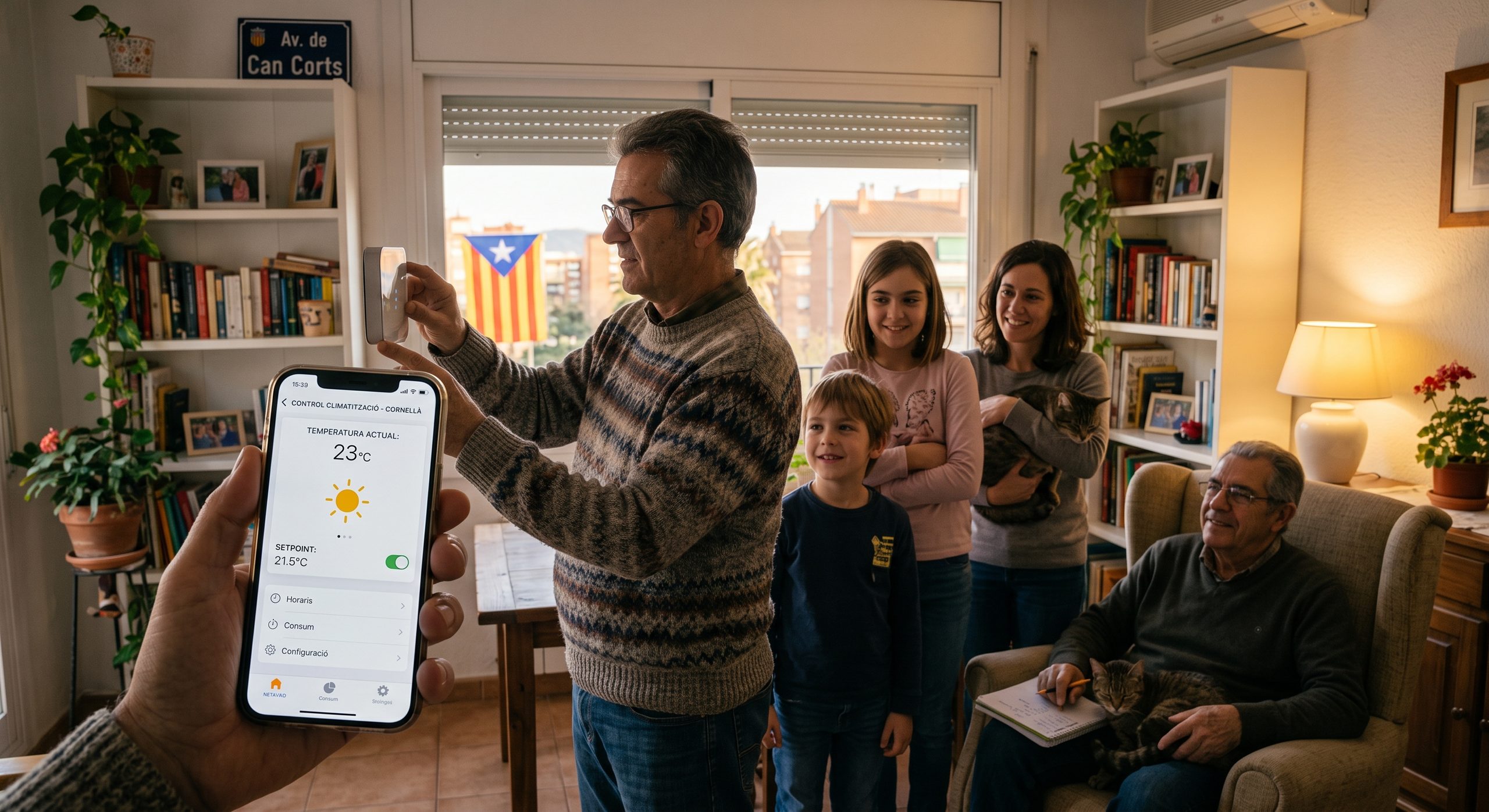 Termostato inteligente o app de control de climatización en un móvil, ambiente hogareño