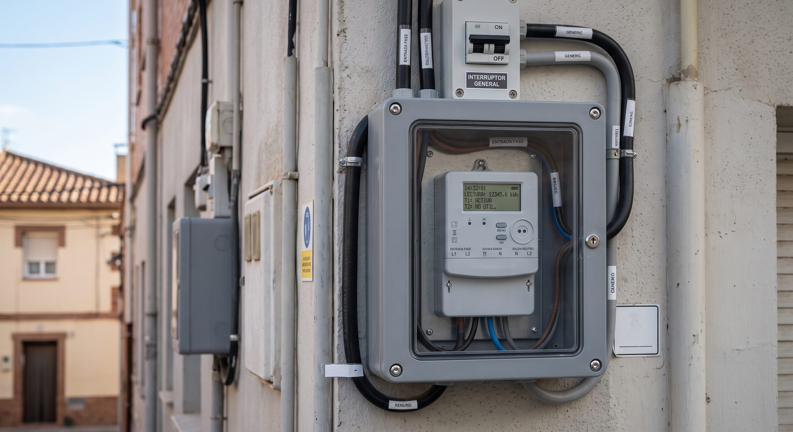 Contador eléctrico digital moderno instalado en la fachada o cuarto de contadores de una vivienda