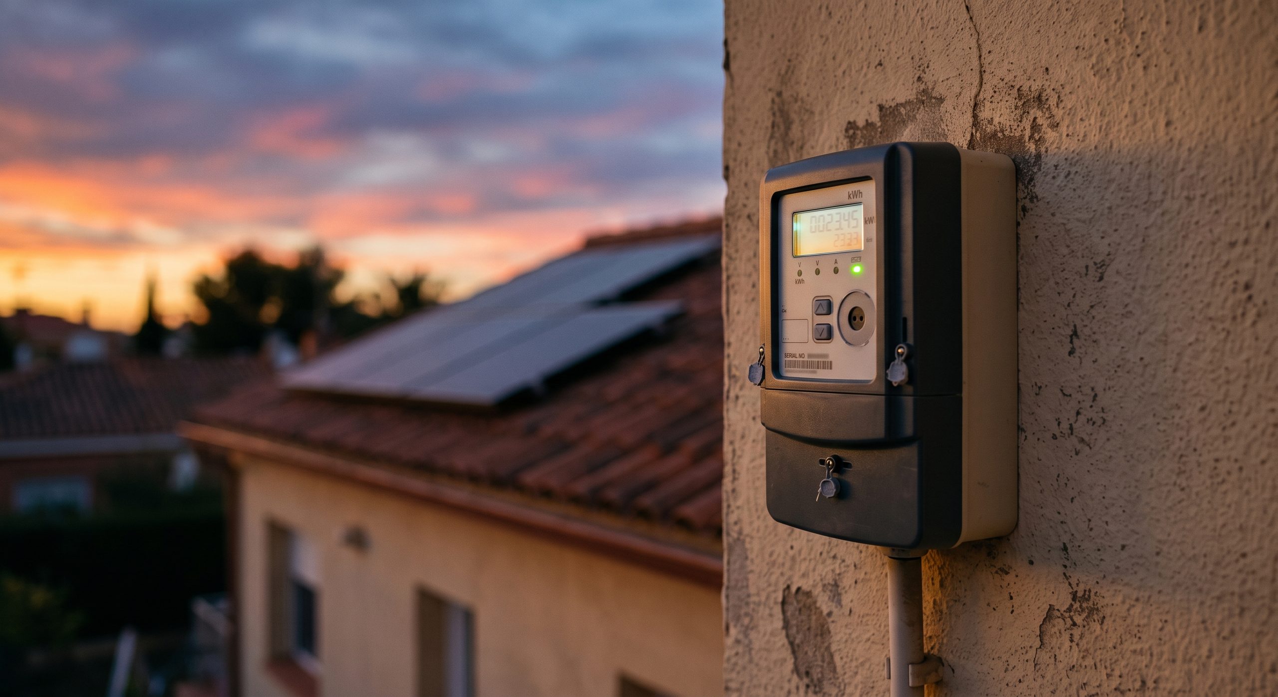 Contador eléctrico digital en la pared de una vivienda con placas solares al fondo