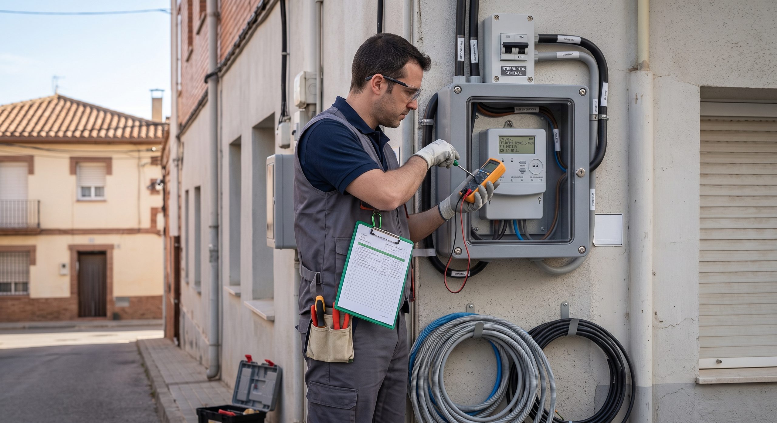 Técnico de la distribuidora revisando o instalando un contador eléctrico