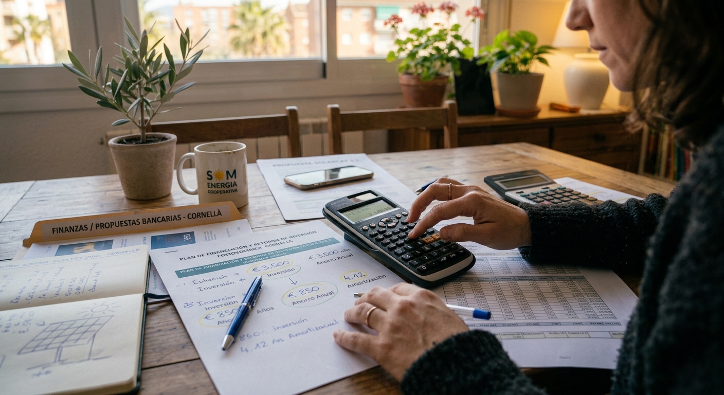 Calculadora y documentos con cálculos de inversión sobre una mesa, ambiente doméstico