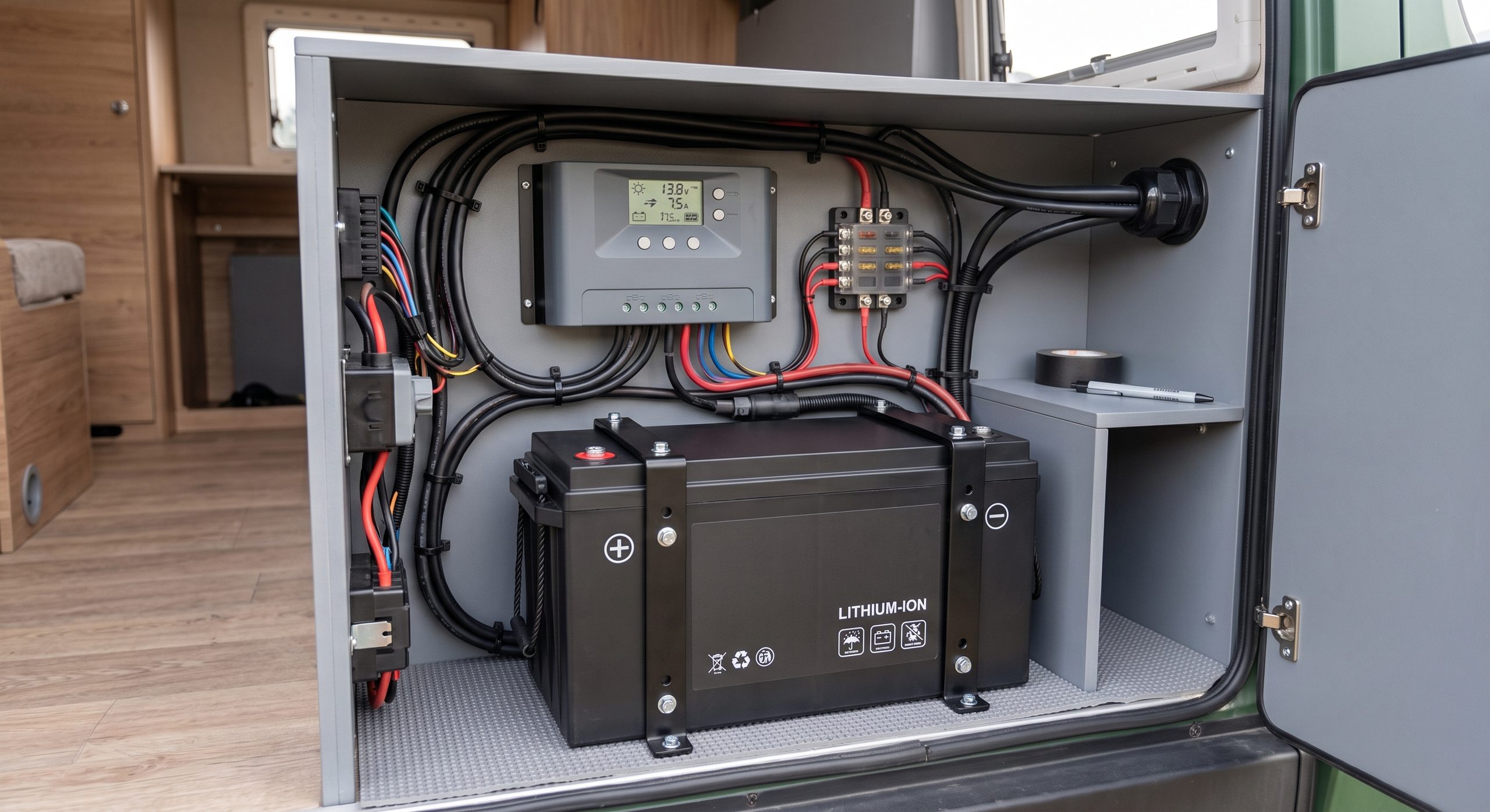 Batería de litio y regulador de carga instalados en el compartimento técnico de una autocaravana