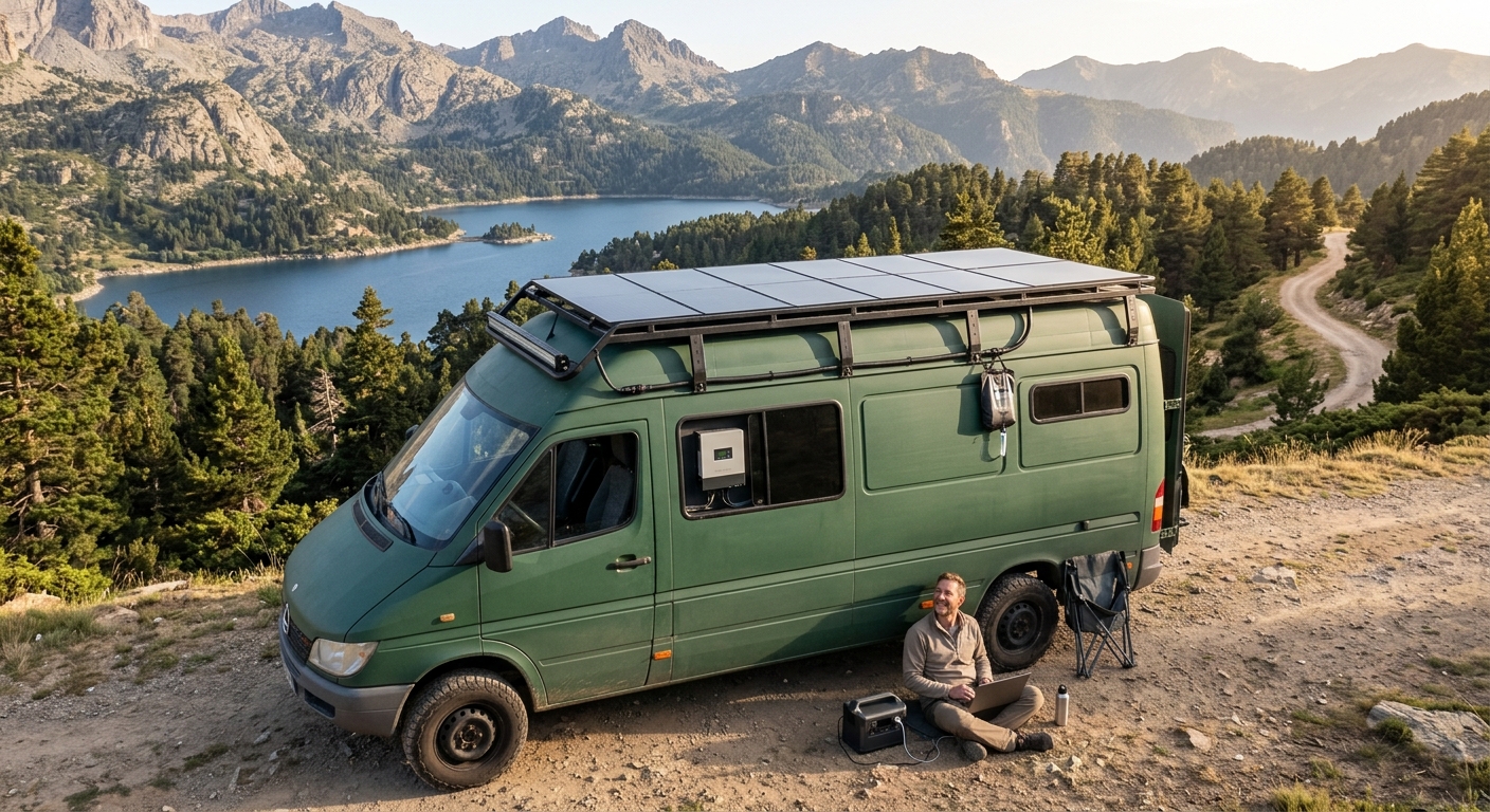 Autocaravana o furgoneta camperizada con paneles solares en el techo, paisaje natural de fondo