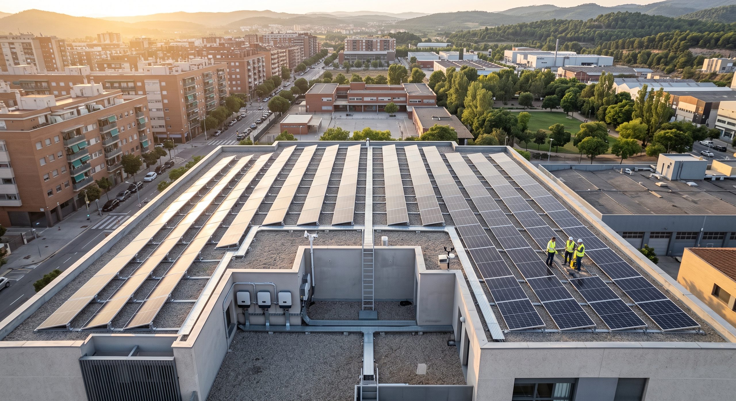 Azotea de un edificio de viviendas con paneles solares instalados, vista aérea o desde un tejado vecino