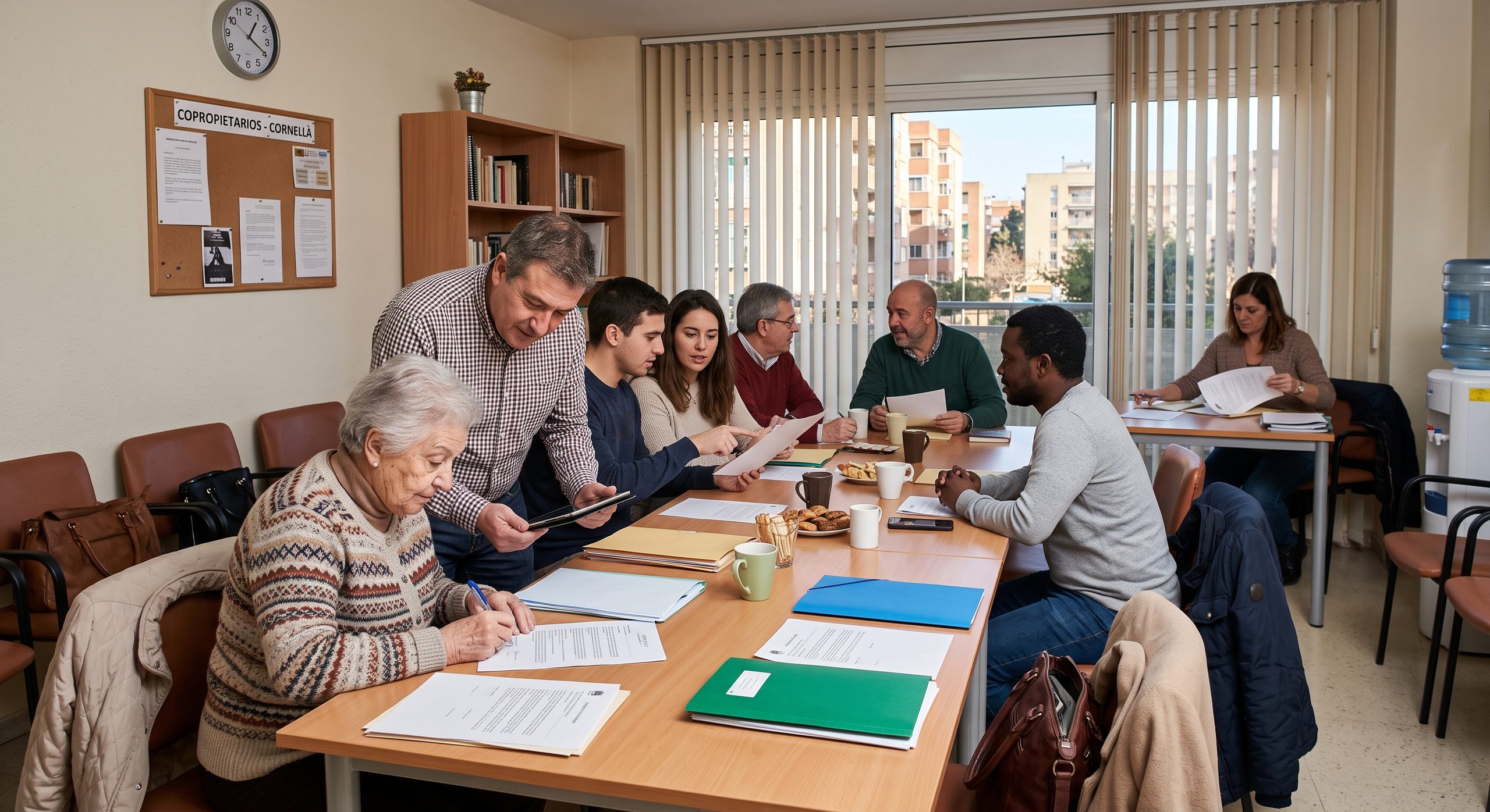 Reunión de vecinos o firma de documentos en una sala de comunidad, ambiente cotidiano y realista