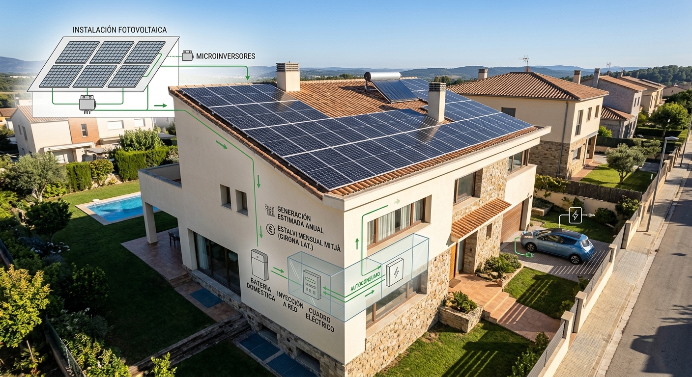 Esquema o vivienda con placas solares visibles en el tejado, en un día soleado, estilo fotográfico limpio y realista