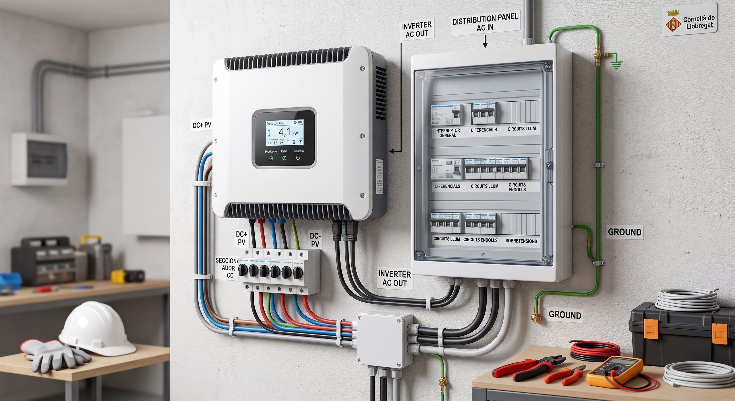 Inversor solar instalado junto a un cuadro eléctrico doméstico, ambiente técnico pero limpio, sin marcas comerciales visibles