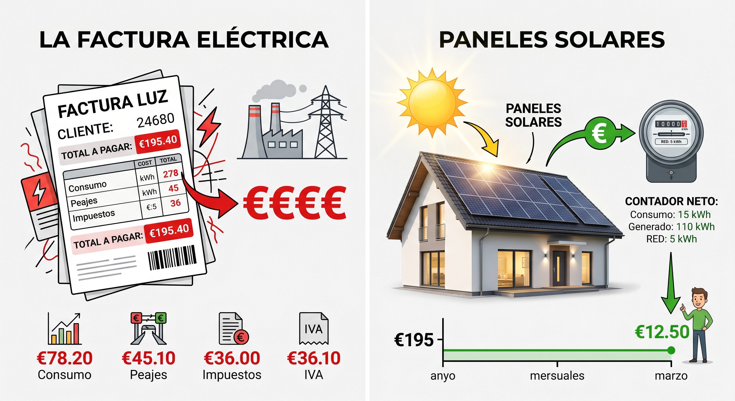 Comparativa visual entre una factura eléctrica y placas solares, gráfico o collage claro