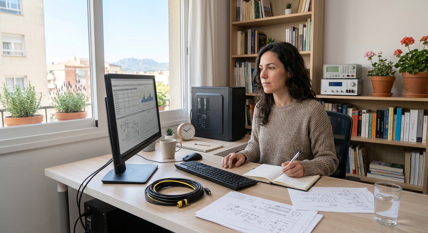 Persona trabajando desde casa en un despacho con luz natural, ambiente de teletrabajo