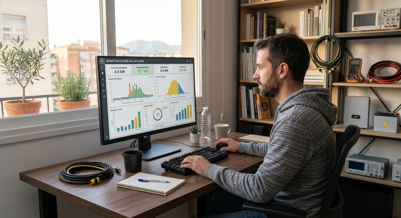 Persona consultando datos de consumo eléctrico en pantalla de ordenador, ambiente de oficina en casa