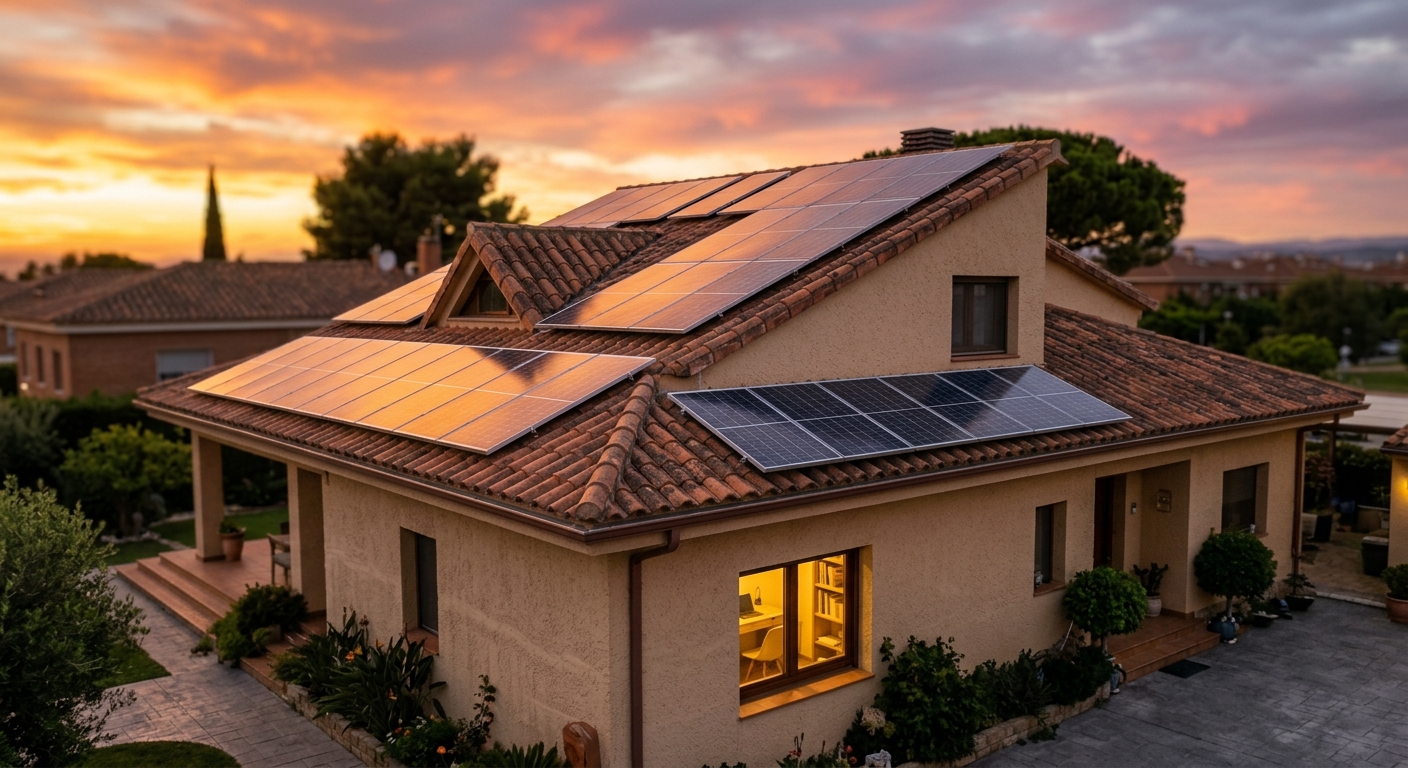 Vivienda con ventana de despacho iluminada y placas solares en el tejado