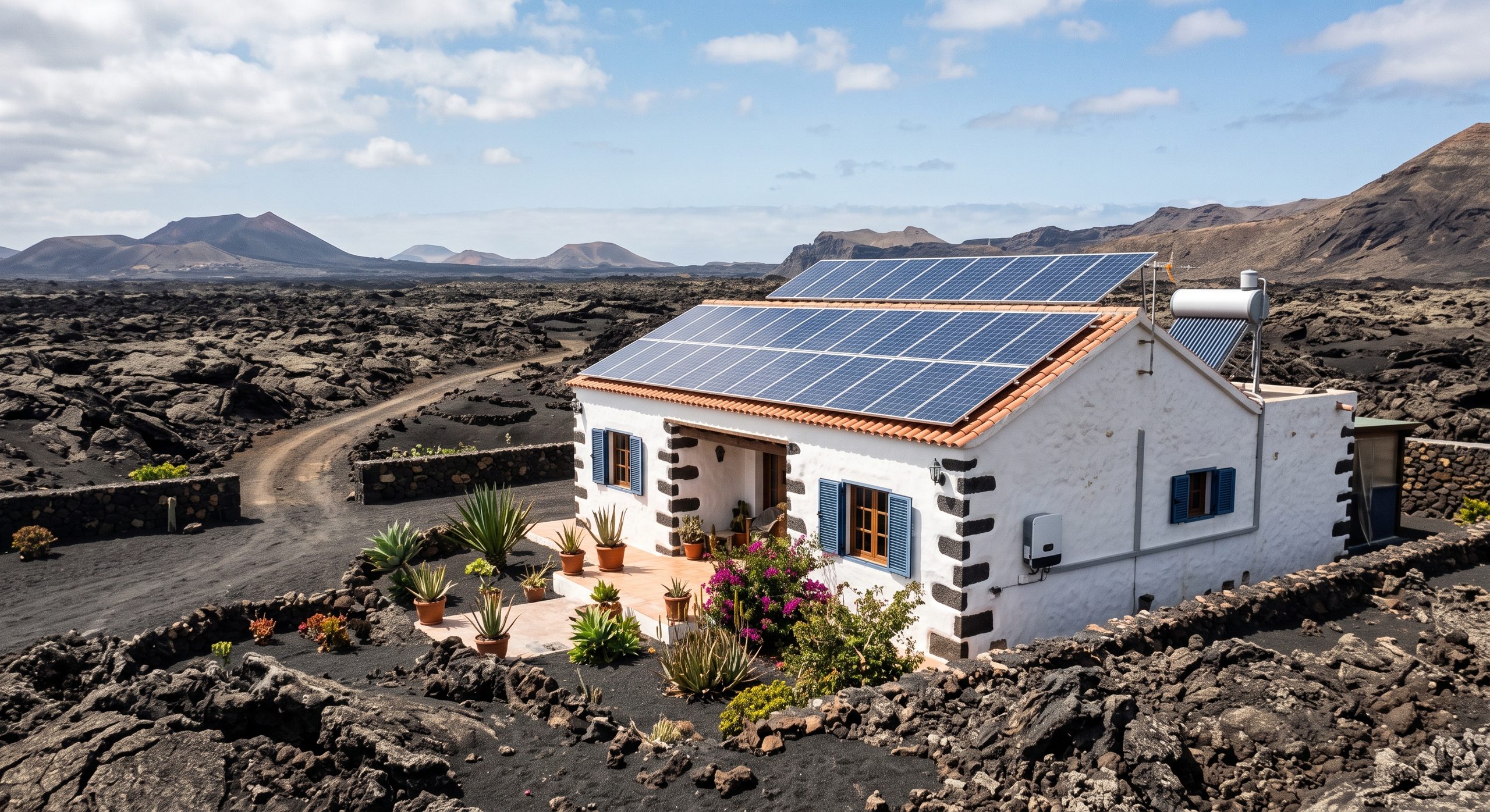 Instalación fotovoltaica sobre una vivienda con terreno volcánico o de lava alrededor, típico de Lanzarote o Fuerteventura