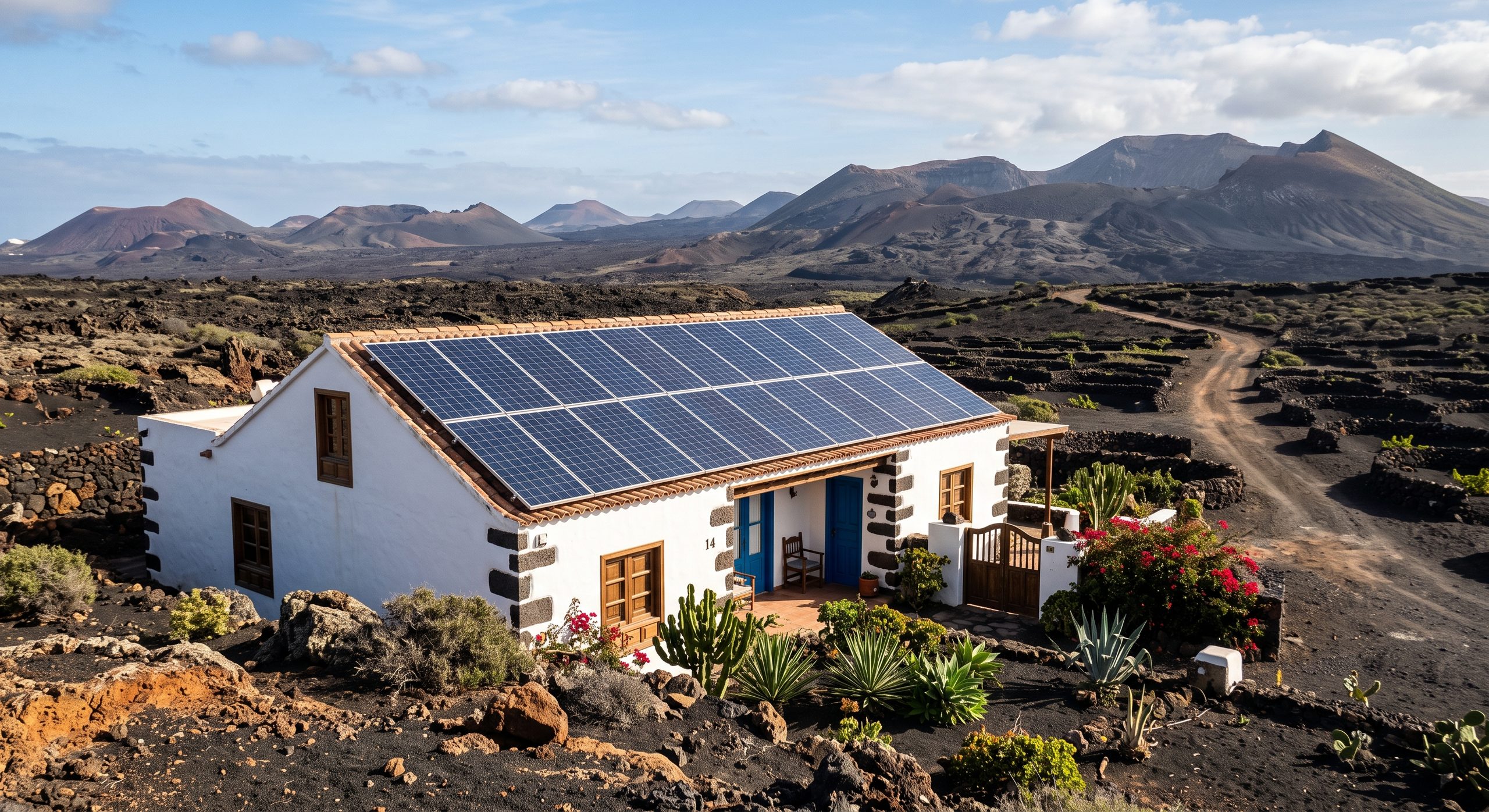 Vivienda canaria con placas solares, paisaje volcánico de fondo característico de las islas