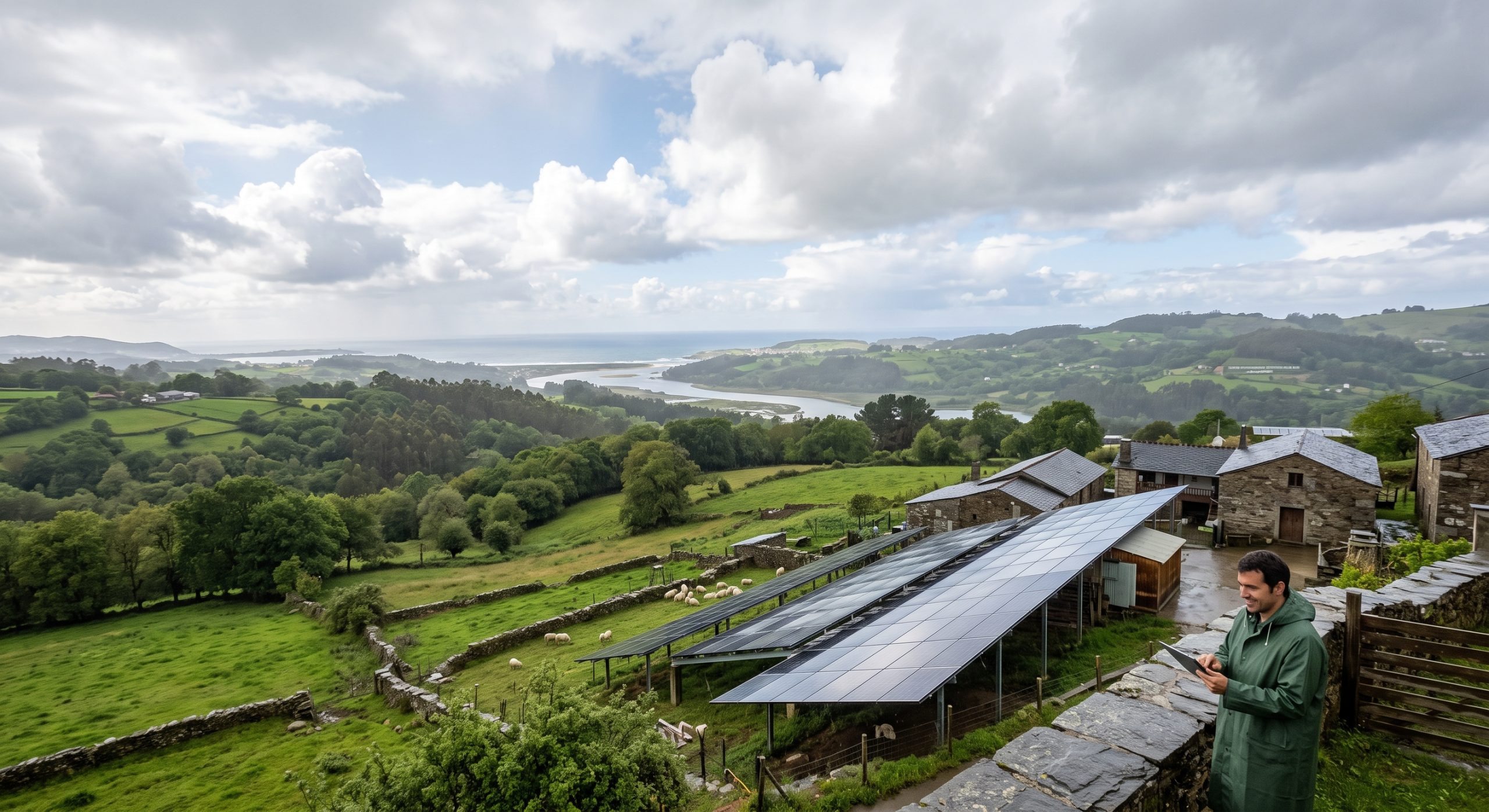 Placas solares bajo un cielo parcialmente nublado, típico del clima atlántico gallego, transmitiendo que la producción sigue siendo viable