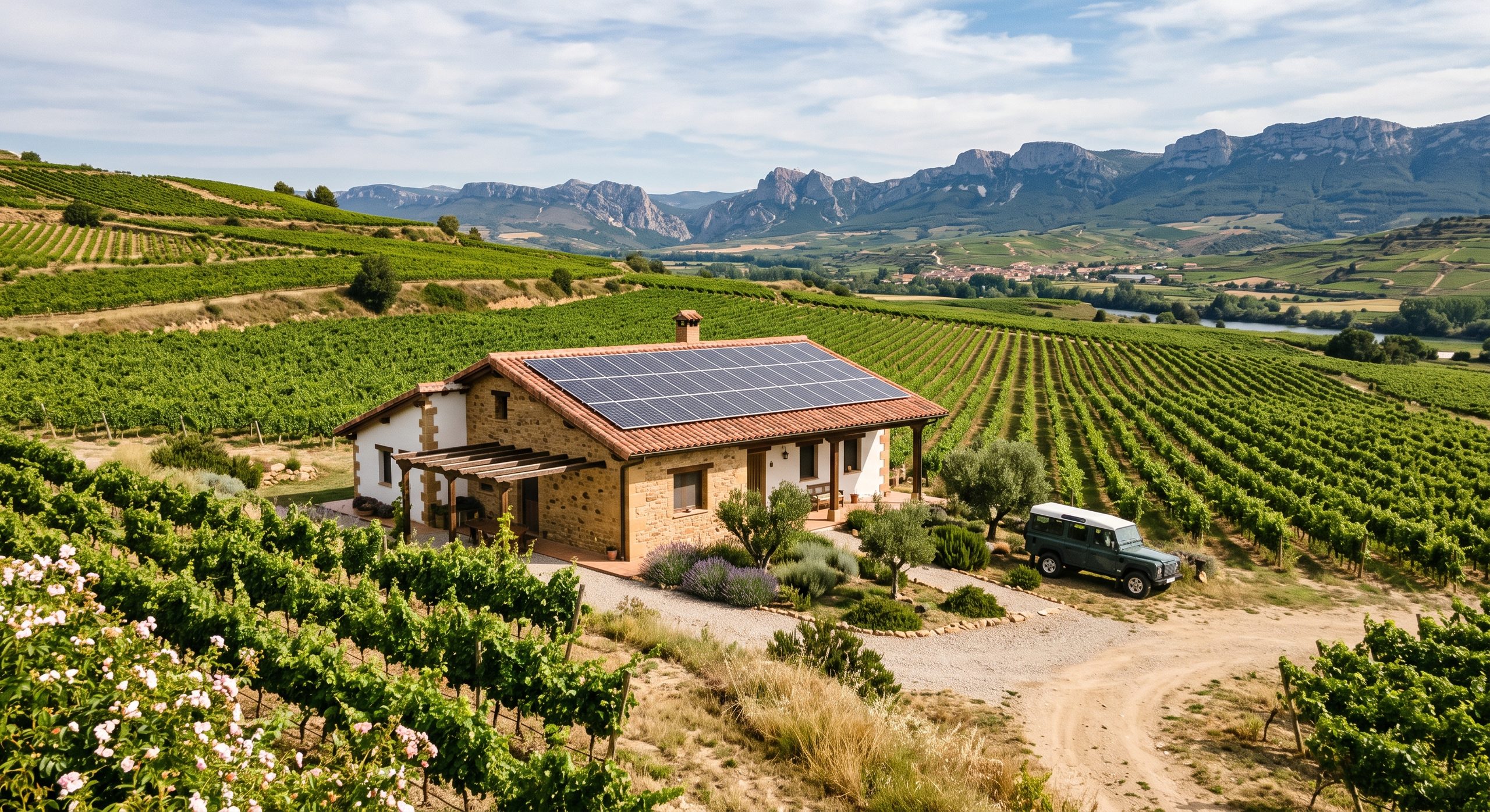 Vivienda con placas solares entre viñedos, paisaje riojano característico