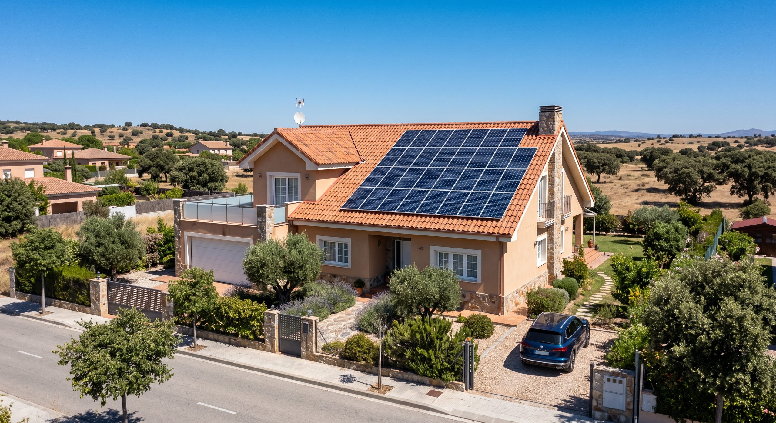 Placas solares instaladas en el tejado de una vivienda unifamiliar en las afueras de Madrid, cielo despejado