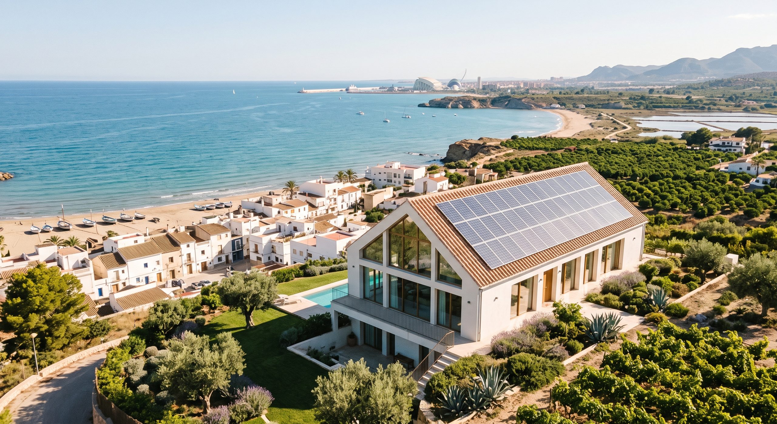 Vivienda con placas solares cerca de la costa mediterránea valenciana
