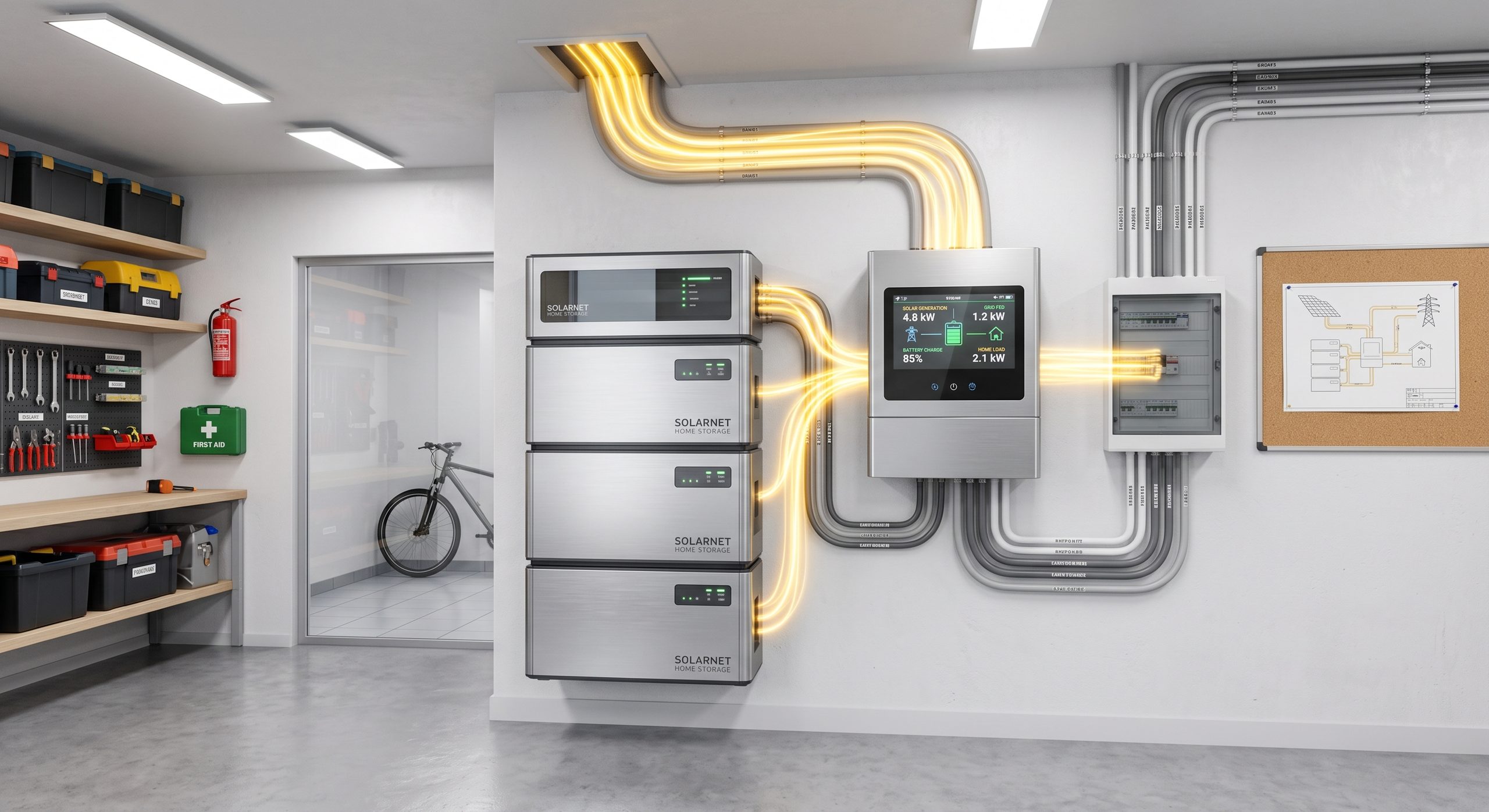 Batería doméstica de autoconsumo instalada en un garaje o cuarto técnico, ambiente ordenado y realista