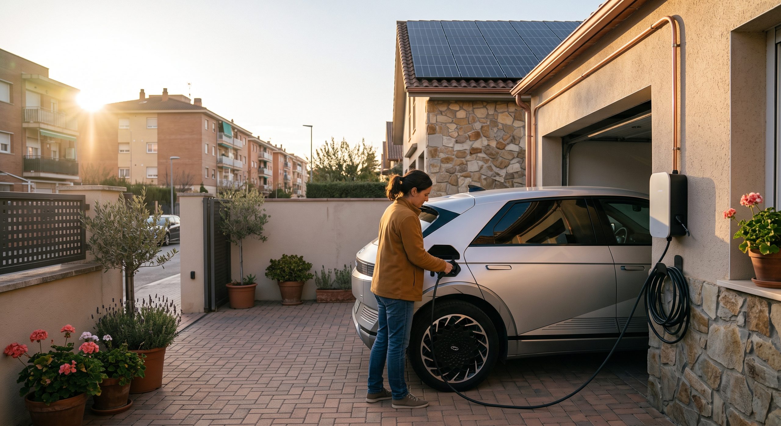 Persona conectando el coche eléctrico a cargar por la tarde con luz solar visible