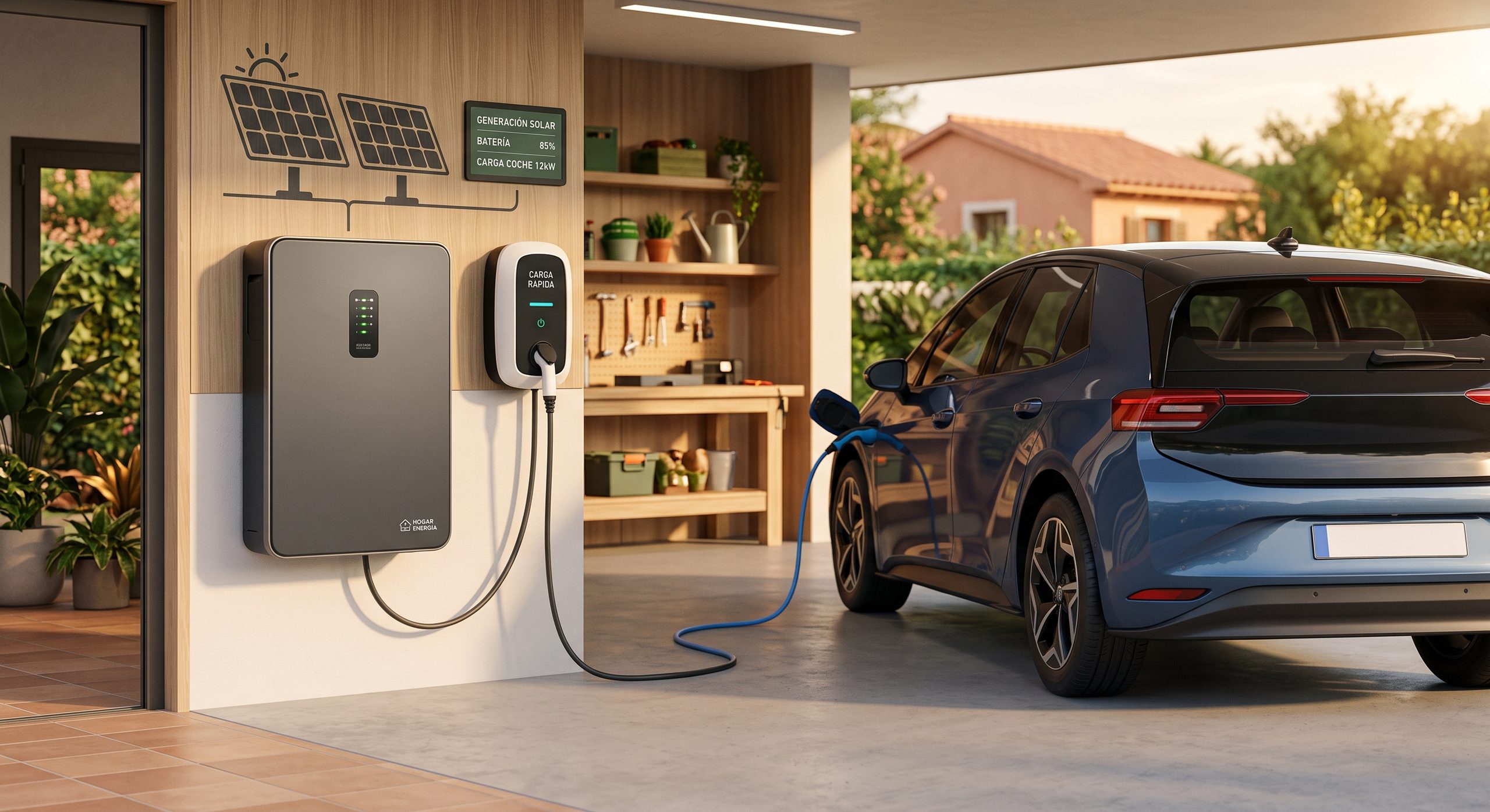 Comparación visual de batería doméstica de autoconsumo junto a coche eléctrico cargando