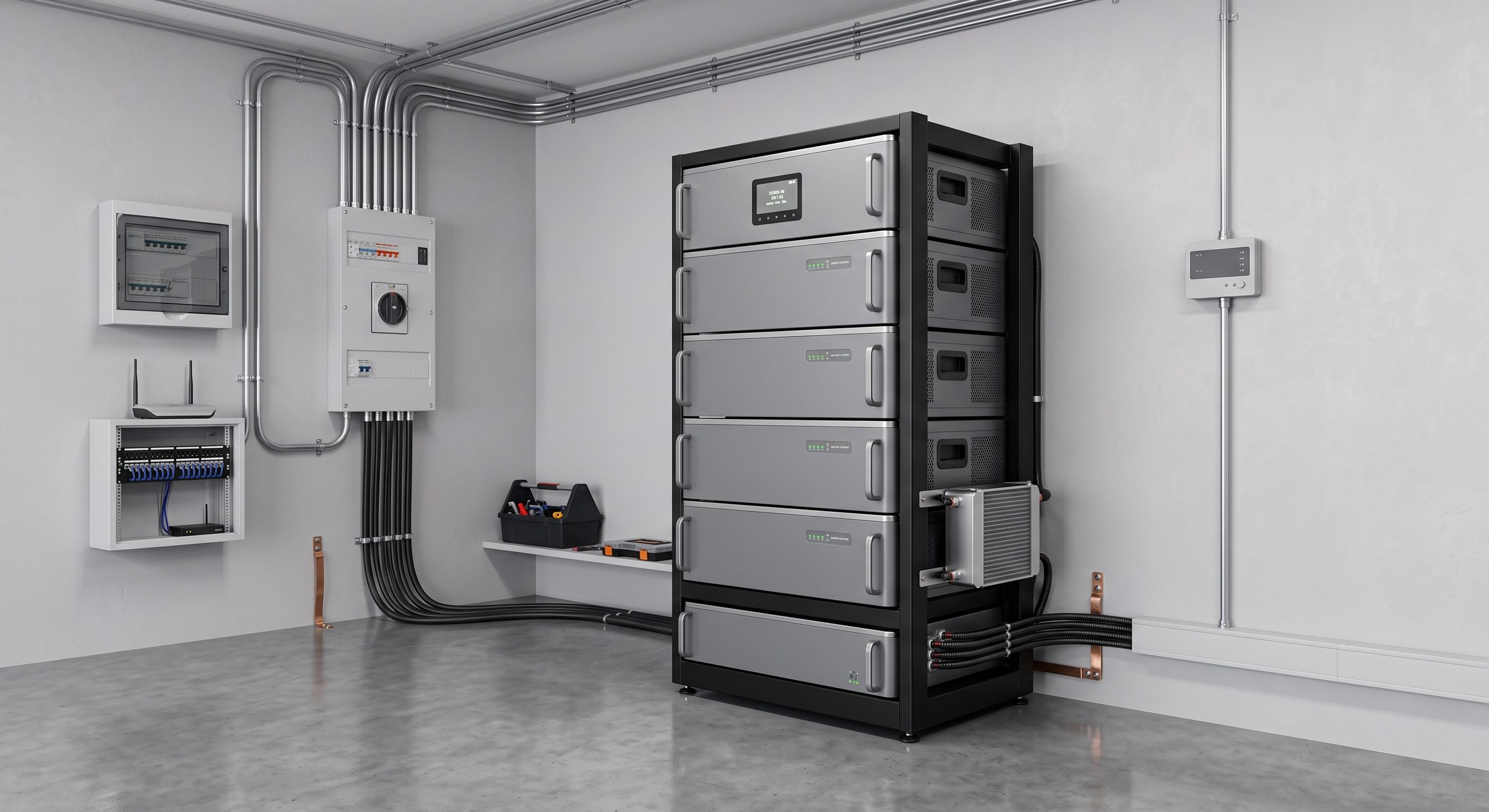 Sistema de batería modular con varios módulos apilados, instalación técnica ordenada