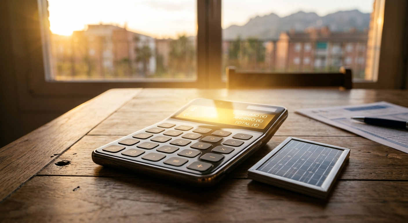 Persona calculando el ahorro de su instalación solar con una calculadora