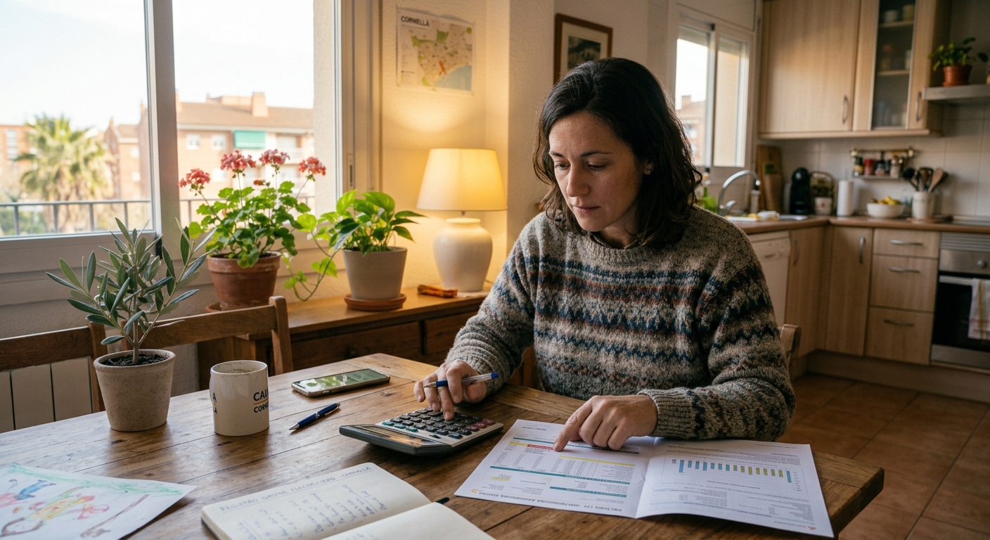 Persona calculando con calculadora y factura eléctrica sobre una mesa, ambiente doméstico