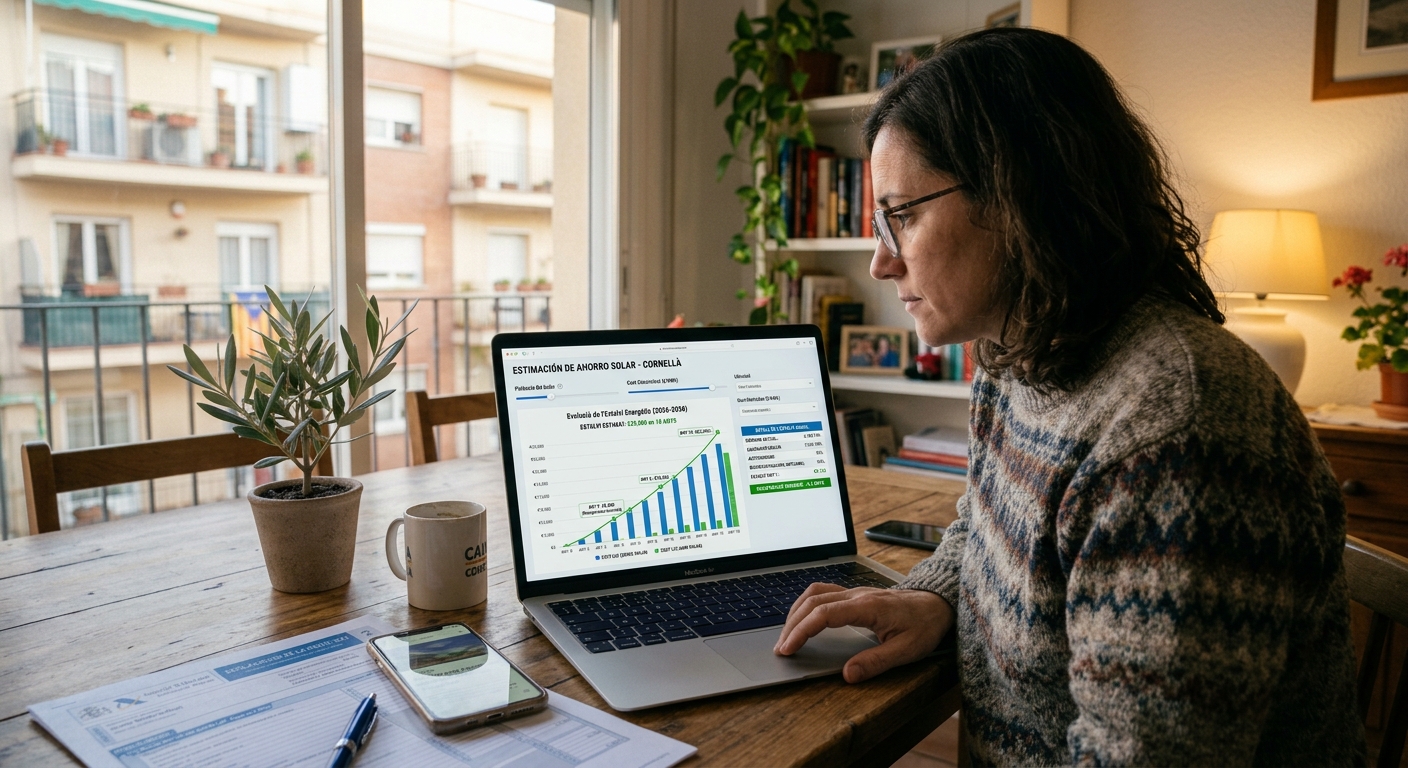 Pantalla de ordenador mostrando un gráfico o tabla de estimación de ahorro solar