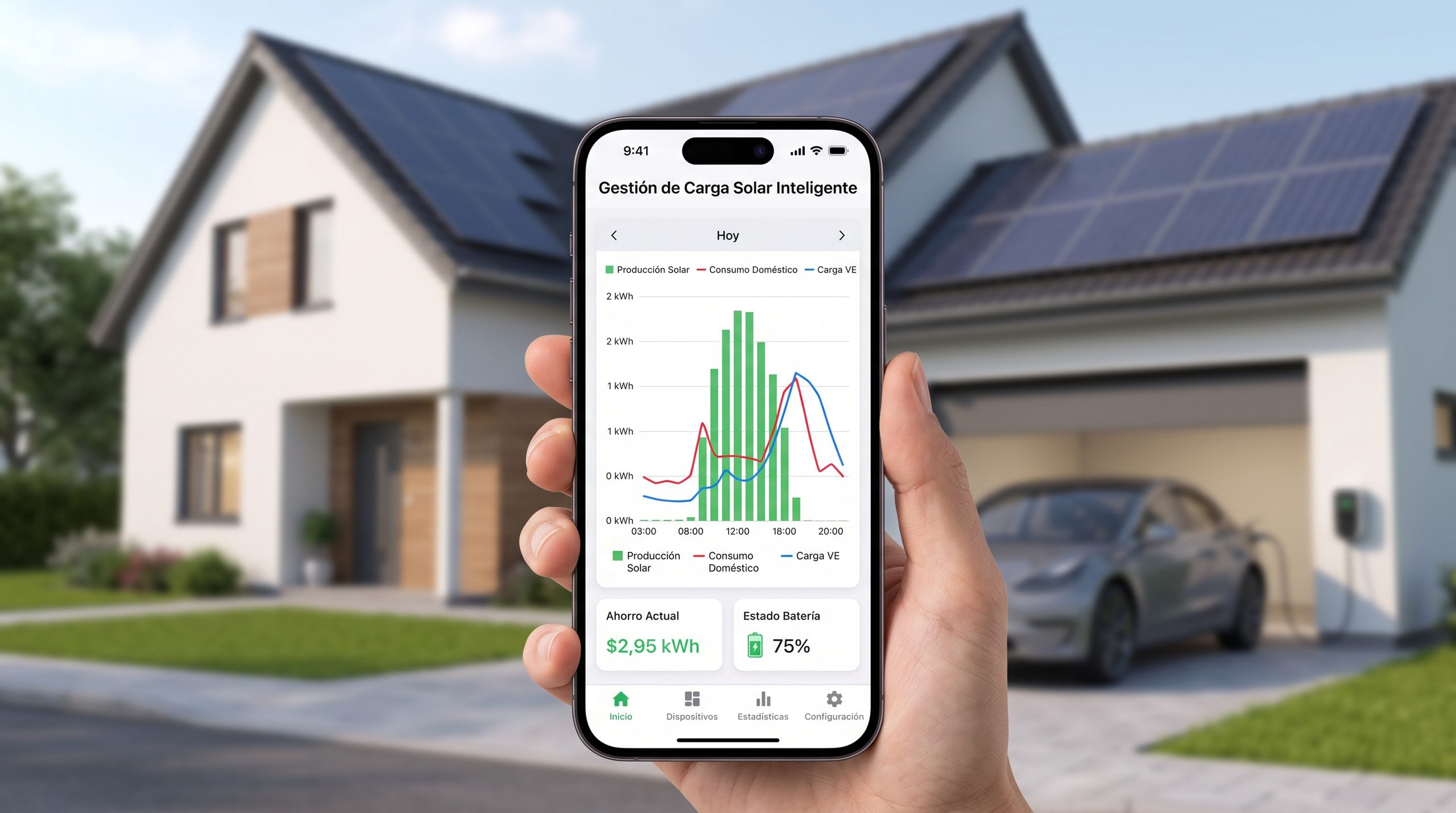 Aplicación móvil de gestión de carga solar inteligente, gráfico de producción y consumo