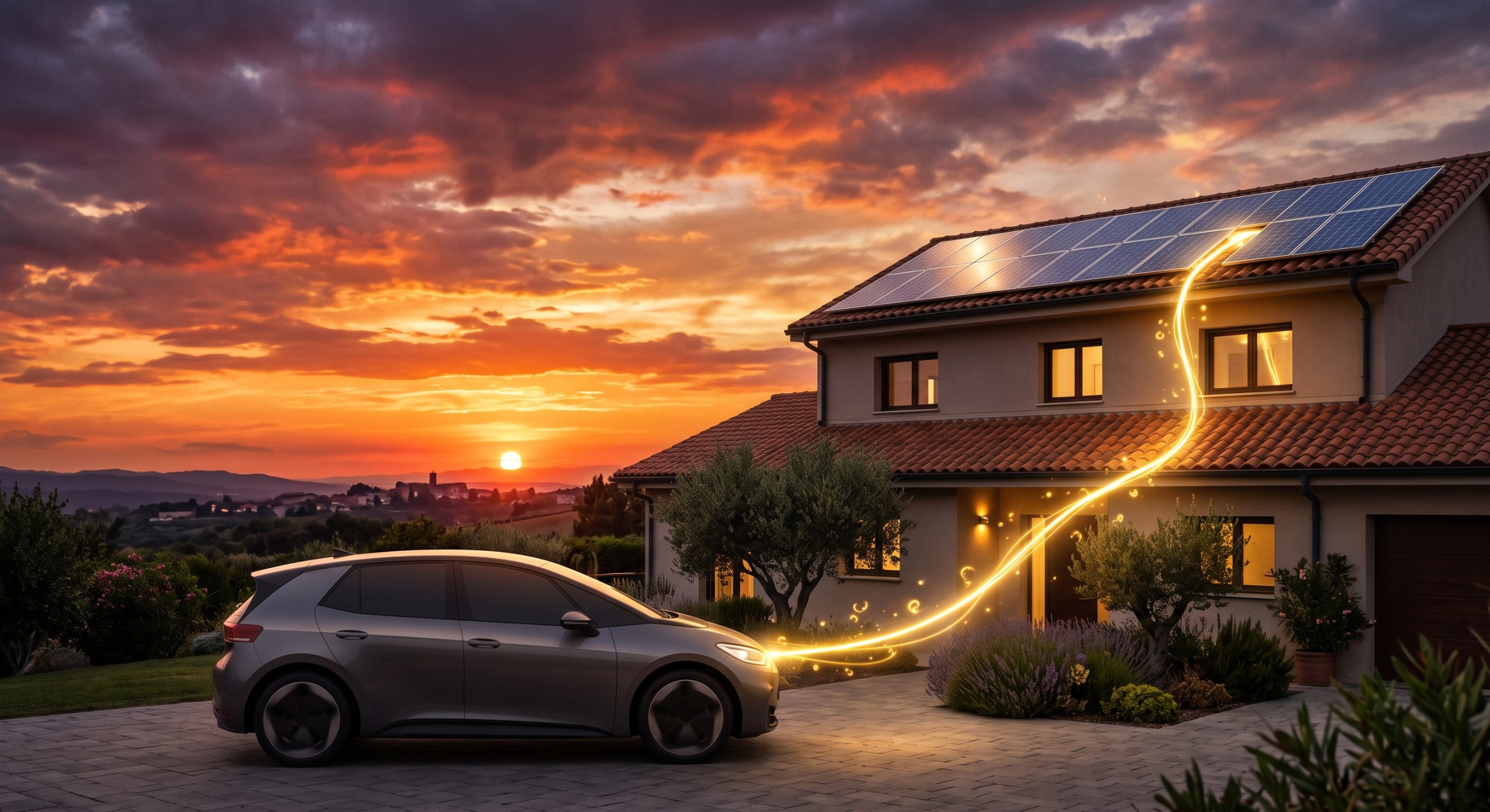 Coche eléctrico cargando junto a una vivienda con placas solares