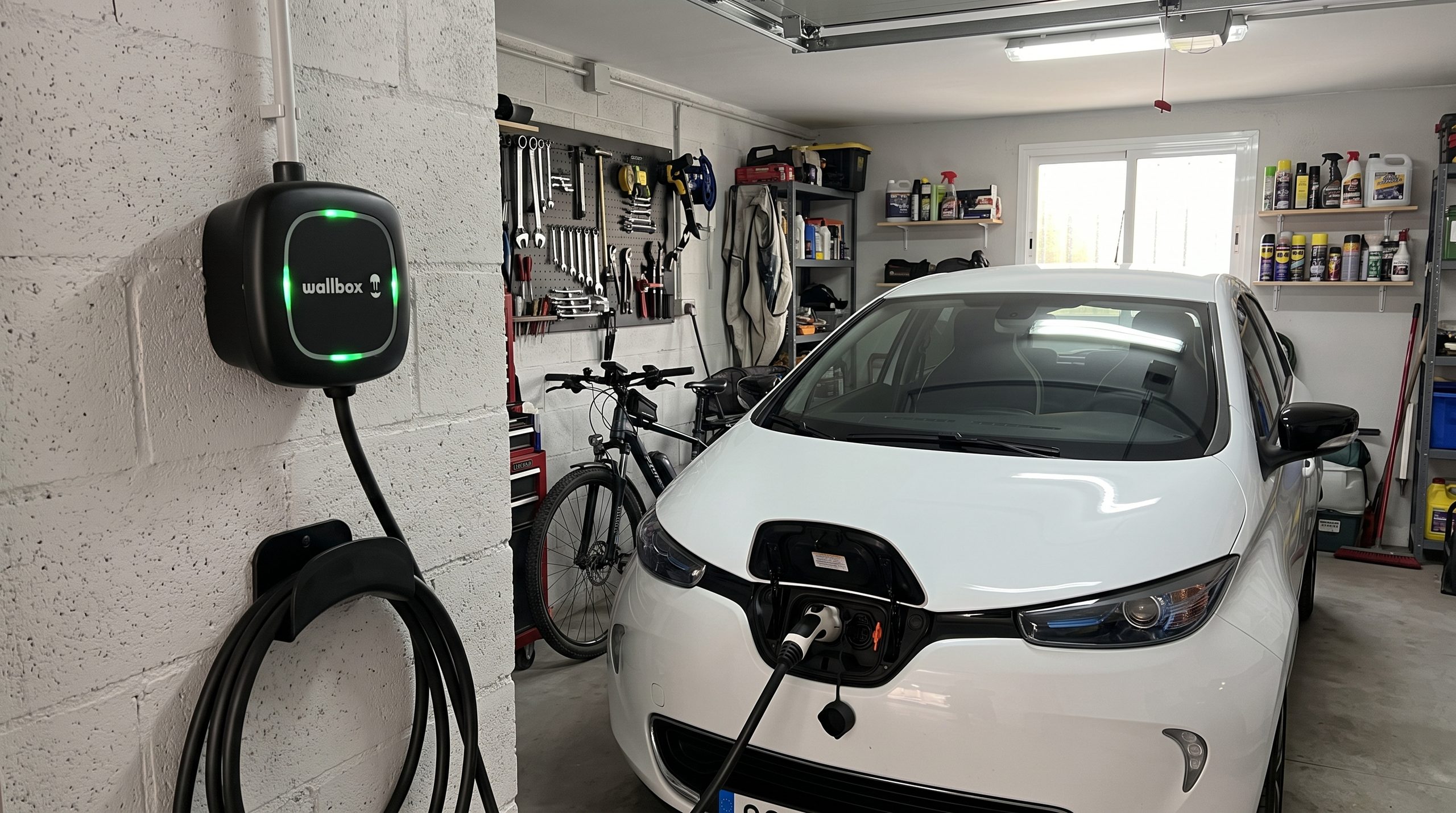Punto de carga wallbox instalado en garaje doméstico, coche eléctrico conectado