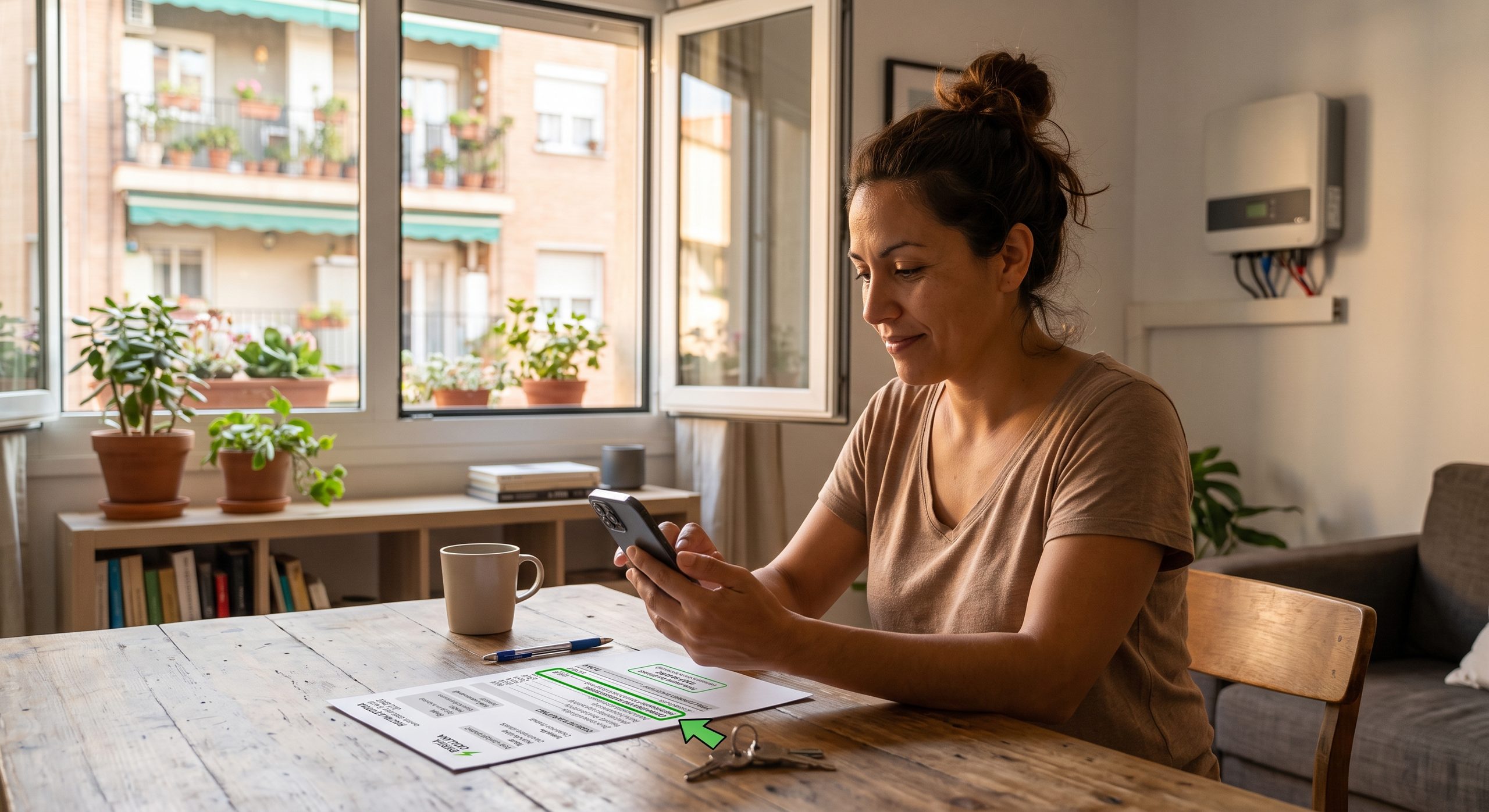 Persona consultando en el móvil una app de monitorización de energía solar en casa