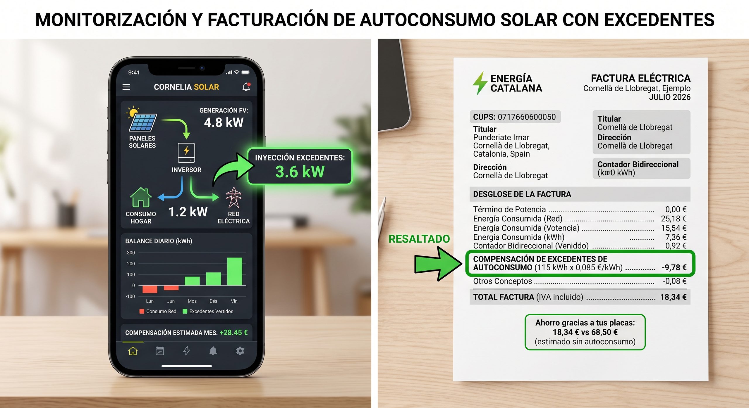 Factura eléctrica con la línea de compensación de excedentes resaltada, o pantalla de app de monitorización solar