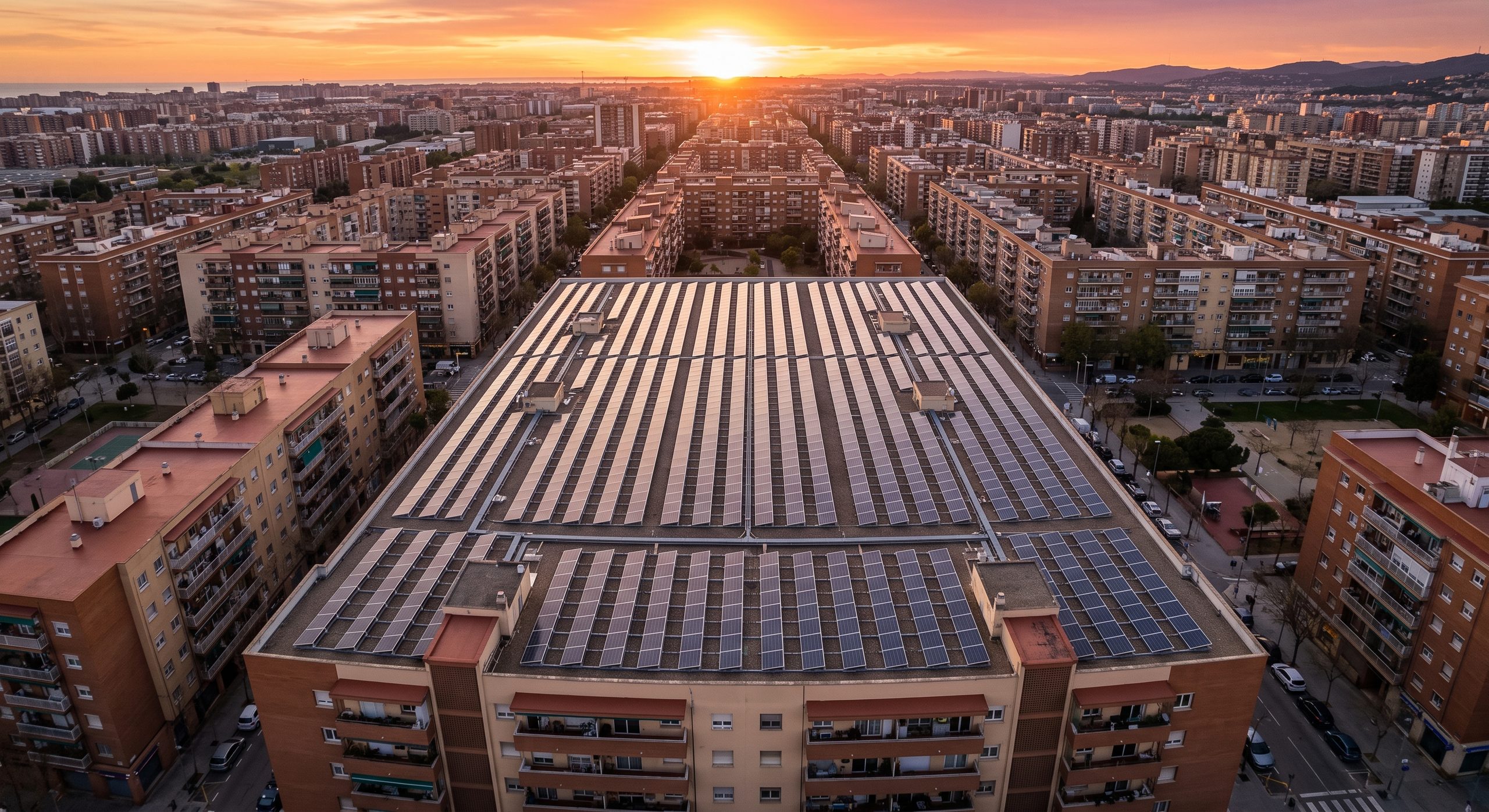Vista aérea de la azotea de un bloque de pisos cubierta de placas solares