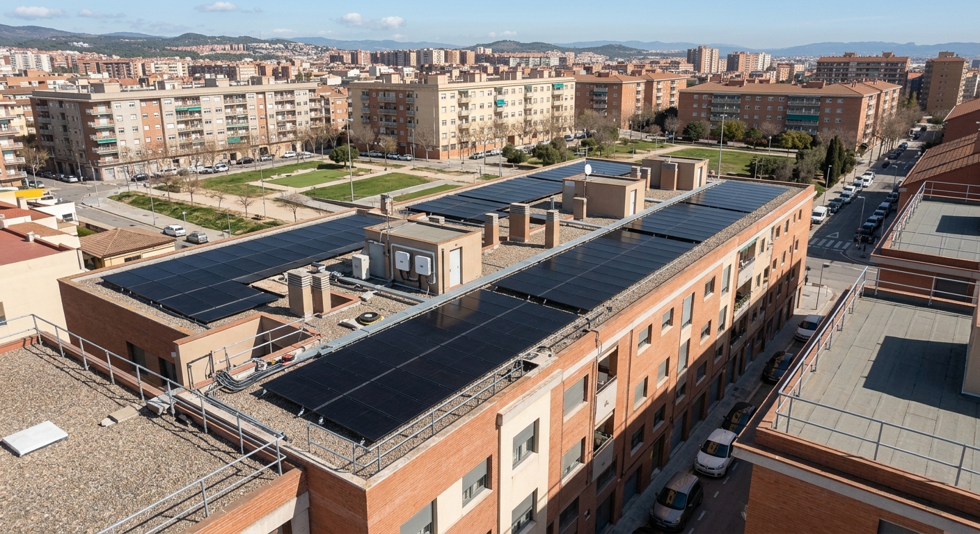 Cubierta plana de edificio residencial con paneles solares instalados, vista aérea o desde tejado vecino