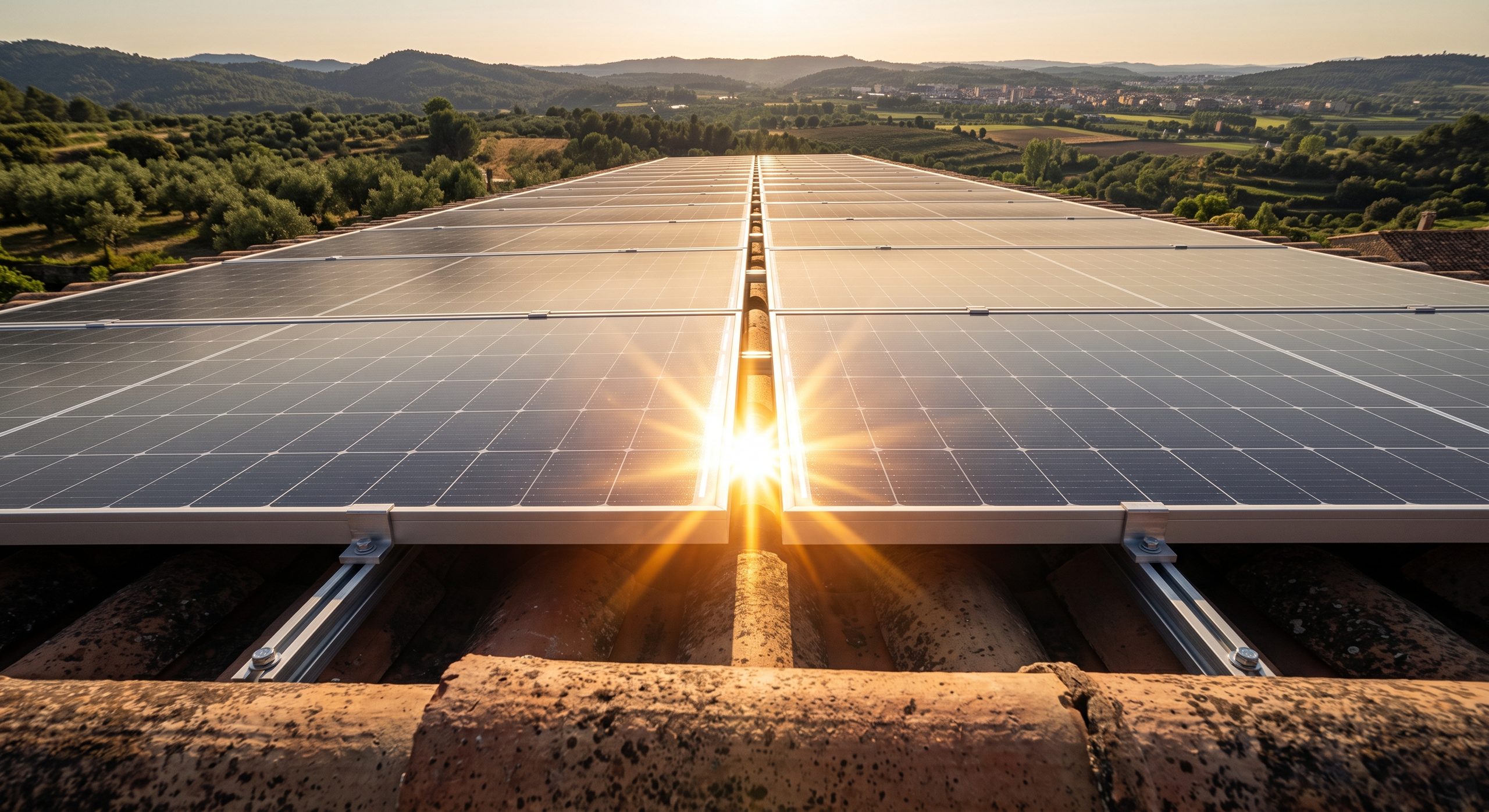 Tejado con varias placas solares orientadas al sol