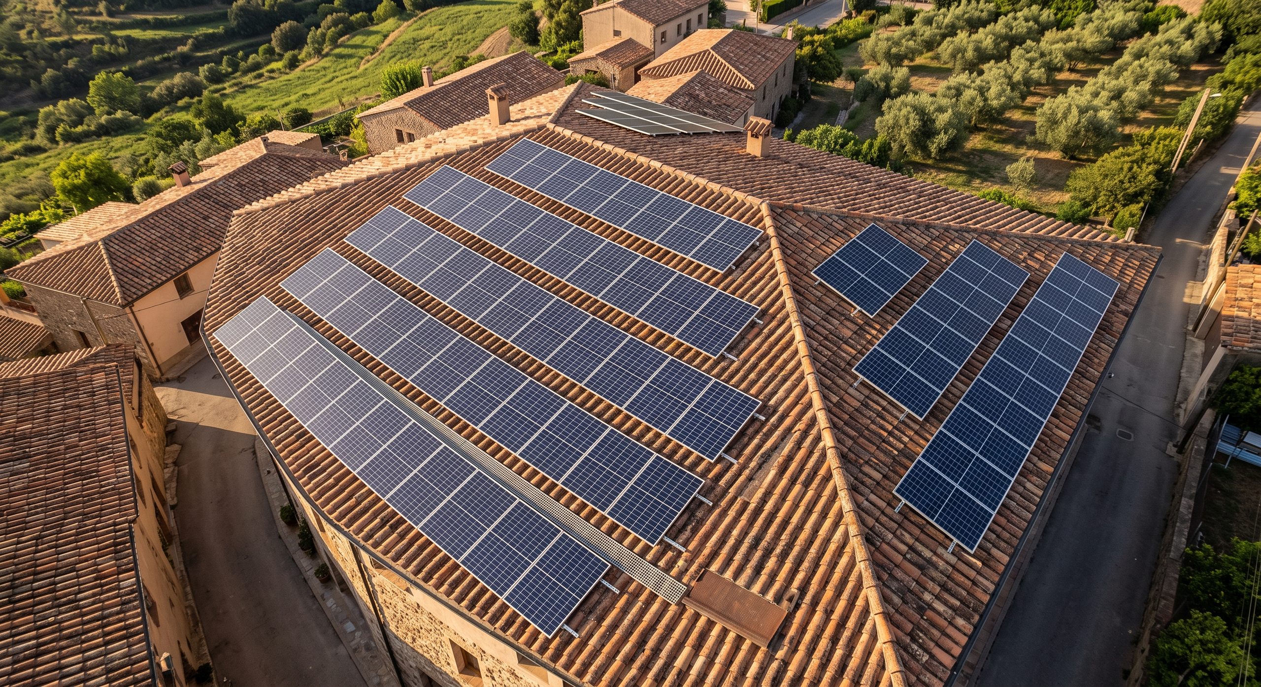Tejado residencial español con varias filas de paneles solares instalados, vista desde ángulo elevado
