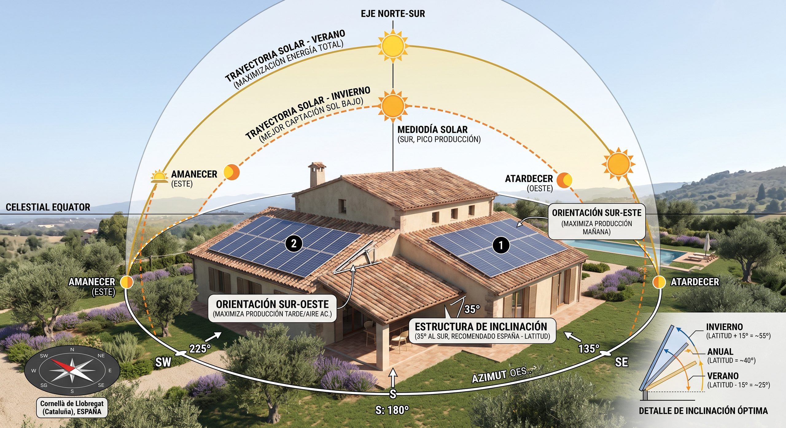 Ilustración o fotografía de un tejado mostrando la trayectoria del sol y orientación de los paneles