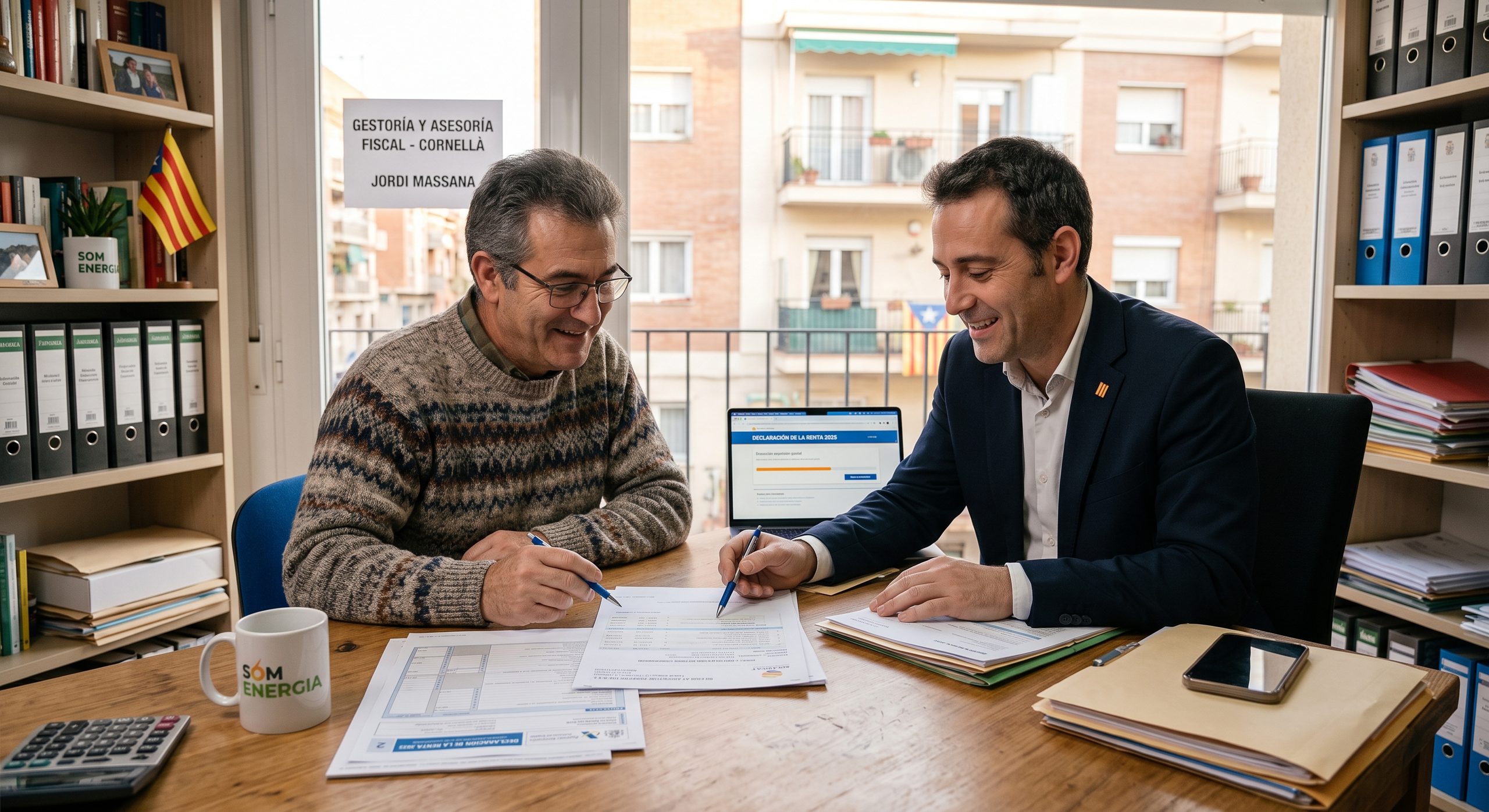 Reunión con asesor fiscal revisando documentos, ambiente de oficina o gestoría