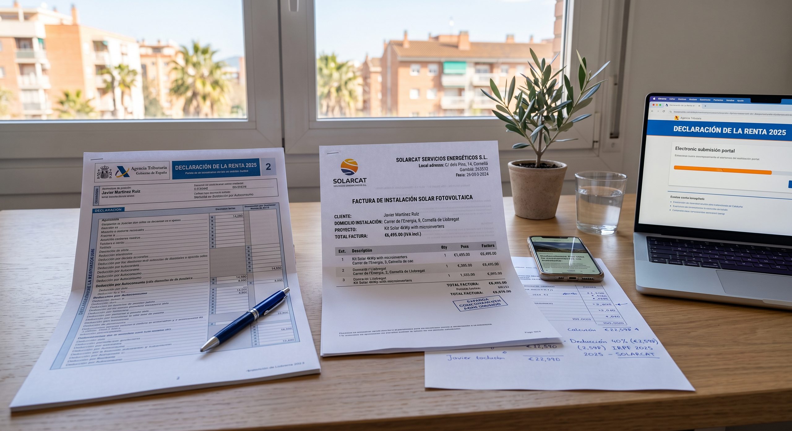 Documentos de declaración de la renta junto a una factura de instalación solar, ambiente de escritorio ordenado