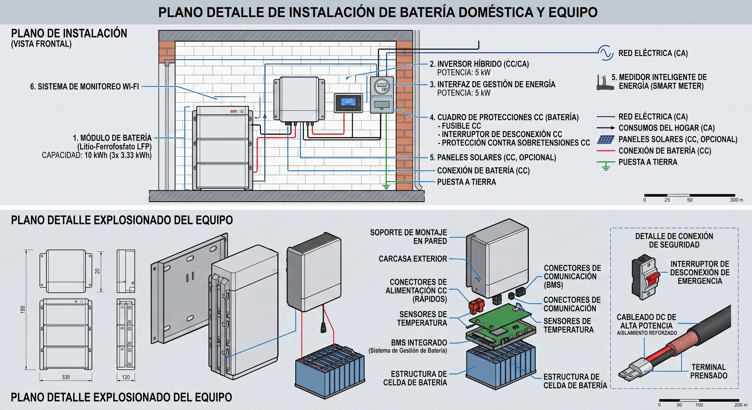 Batería doméstica instalada, plano detalle mostrando el equipo