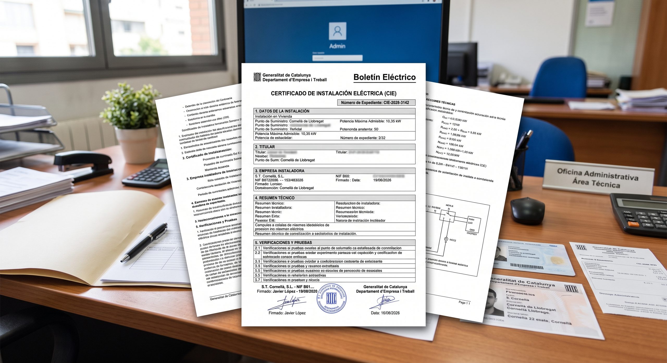 Documentos de boletín eléctrico o certificado de instalación sobre una mesa, ambiente administrativo
