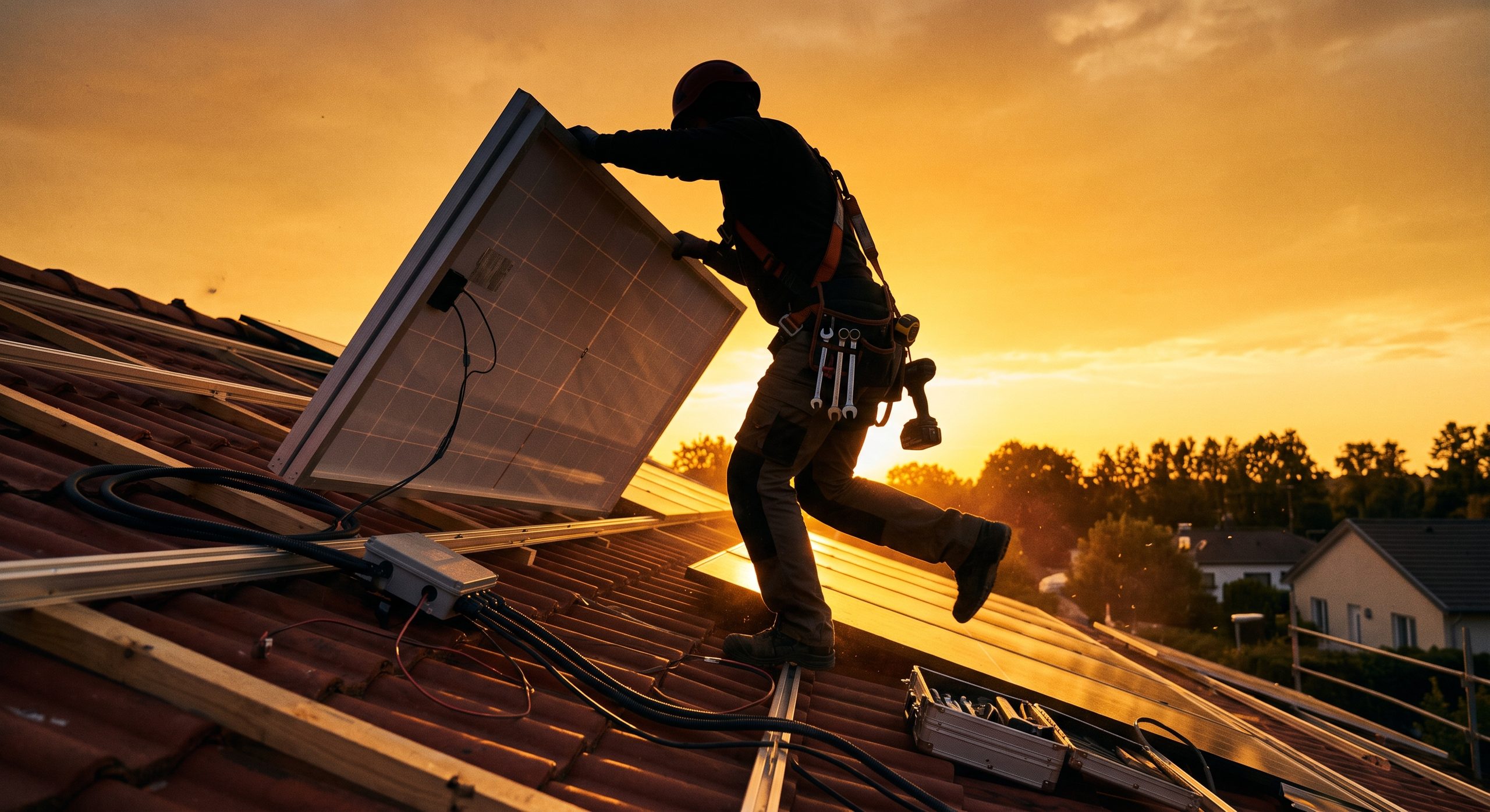 Instaladores montando placas solares en un tejado