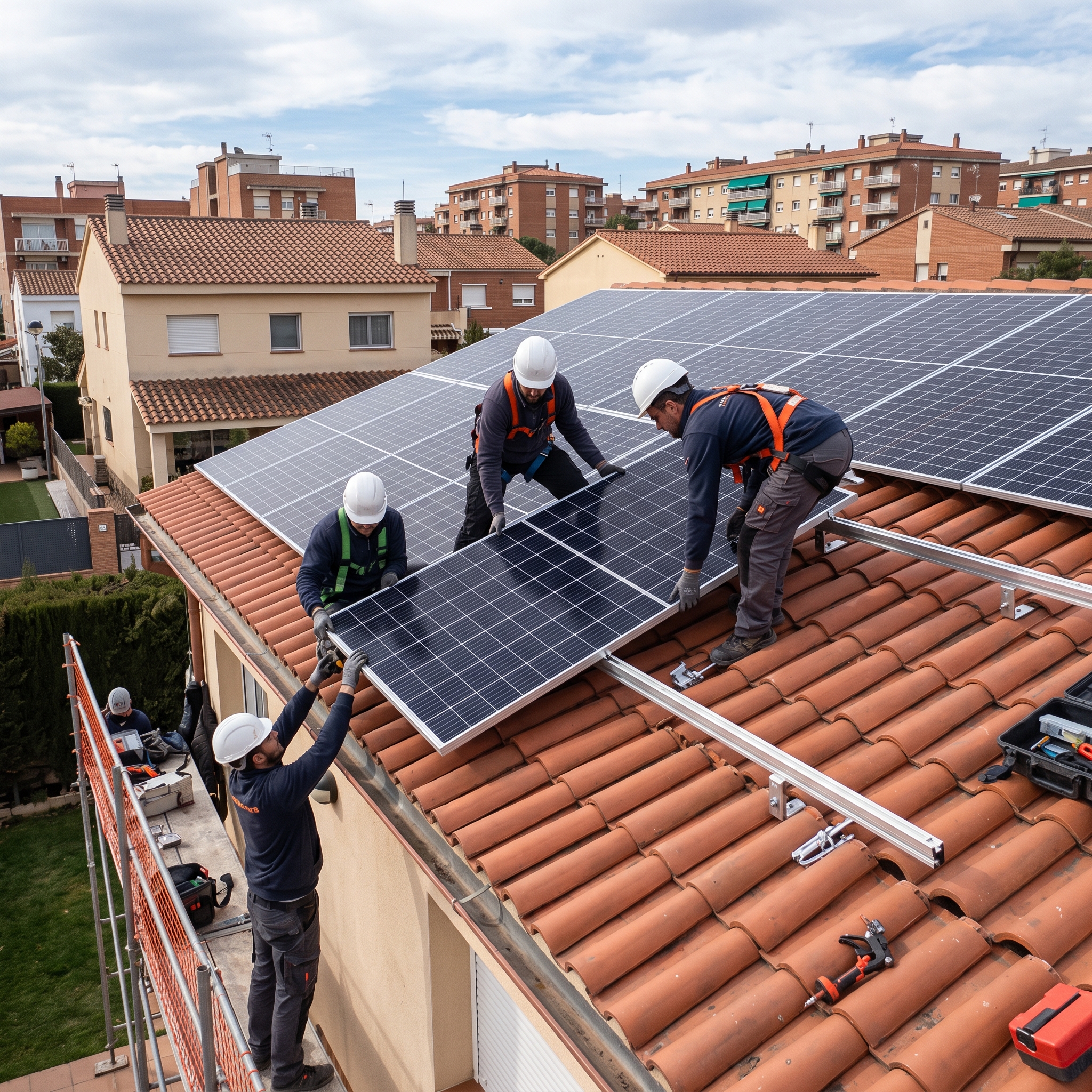 Equipo de instaladores trabajando en un tejado montando paneles solares
