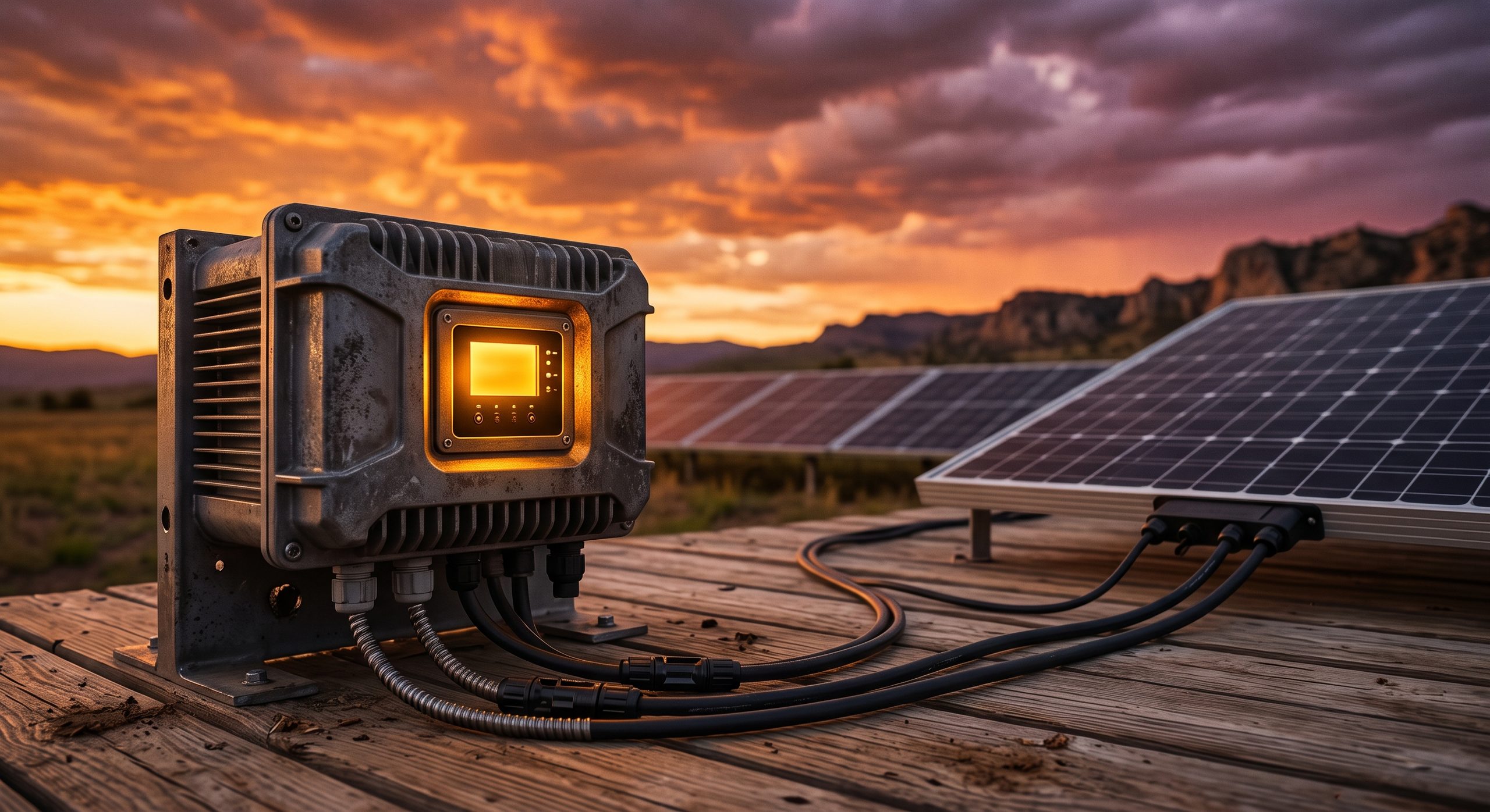 Inversor solar con resplandor dorado conectado a una placa solar