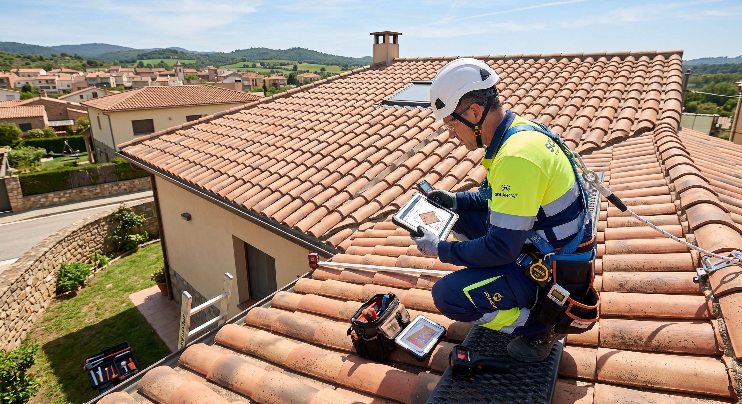 Técnico midiendo o inspeccionando un tejado residencial antes de instalar placas solares