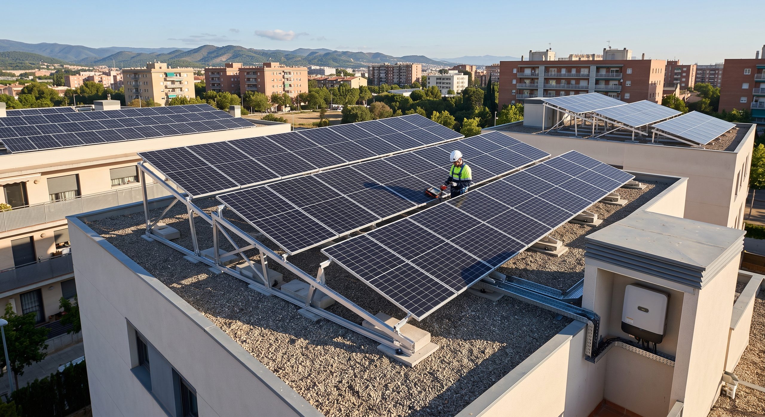 Paneles solares instalados sobre estructura inclinada en un tejado plano